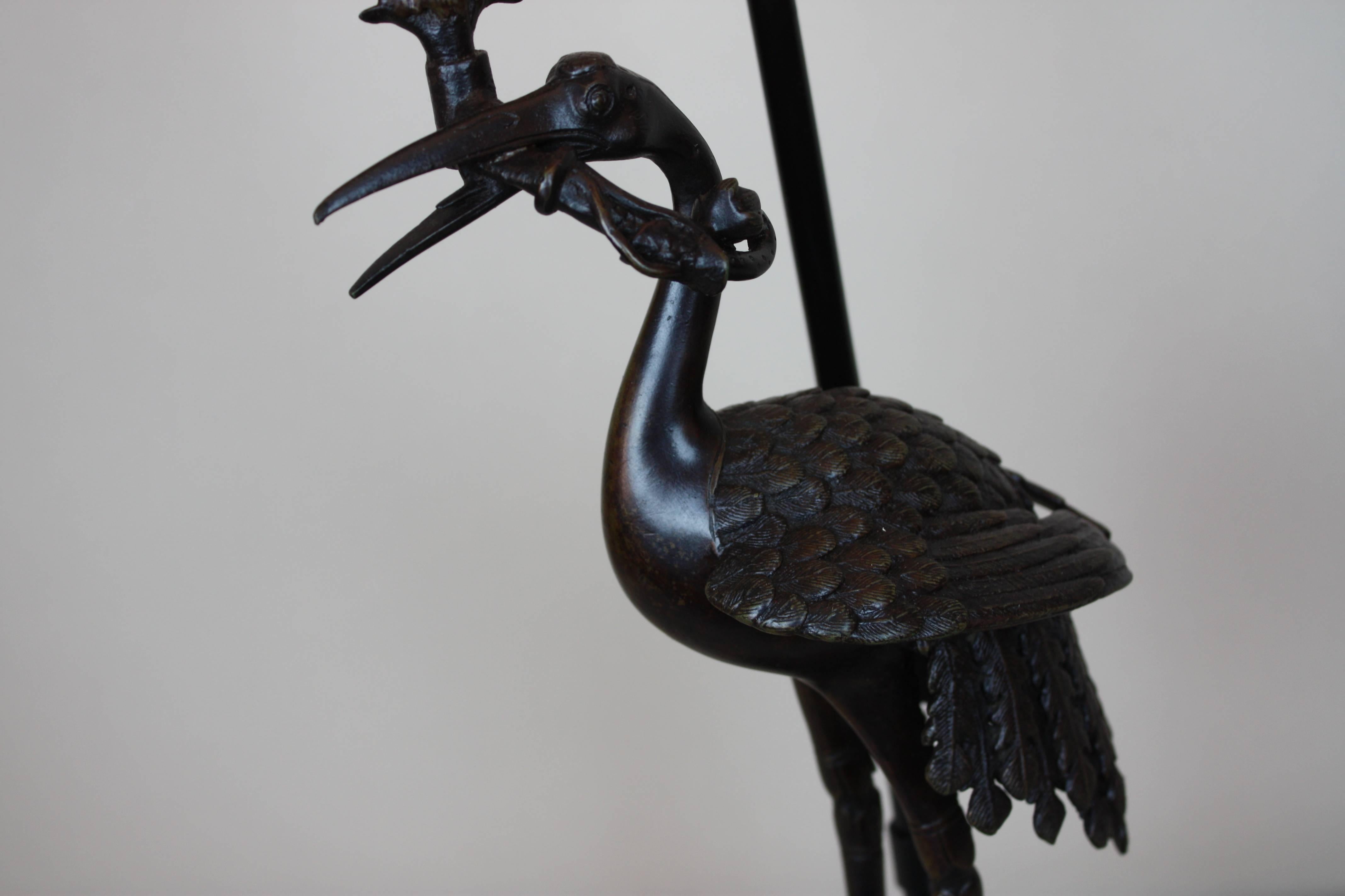 19th Century Chinese Bronze Crane on the Turtle Table Lamp