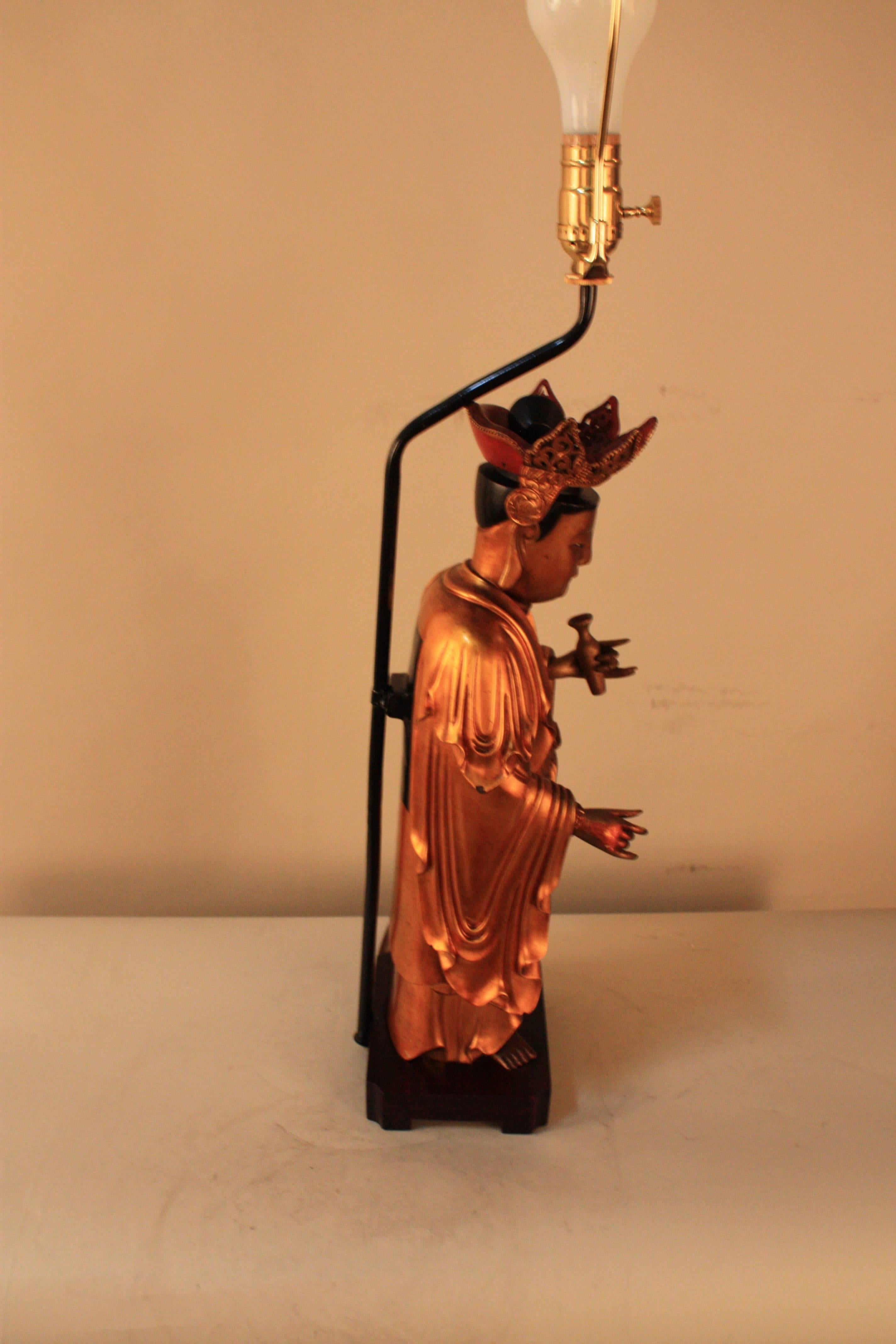 Carved Chinese Lacquered Giltwood Buddha Statue Table Lamp