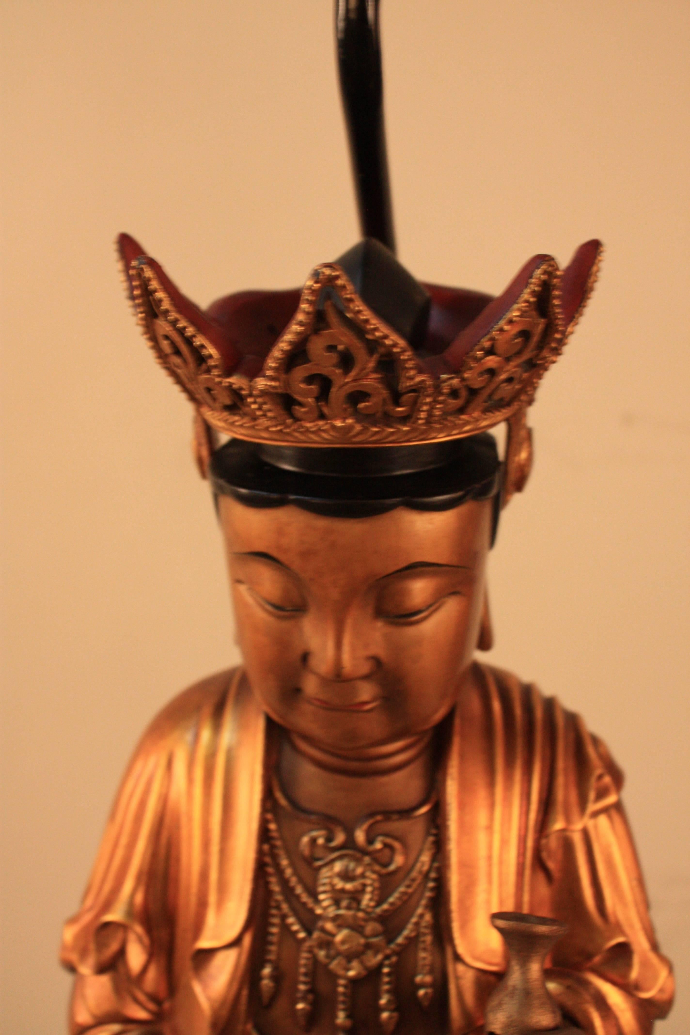 Chinese Lacquered Giltwood Buddha Statue Table Lamp In Good Condition In Fairfax, VA