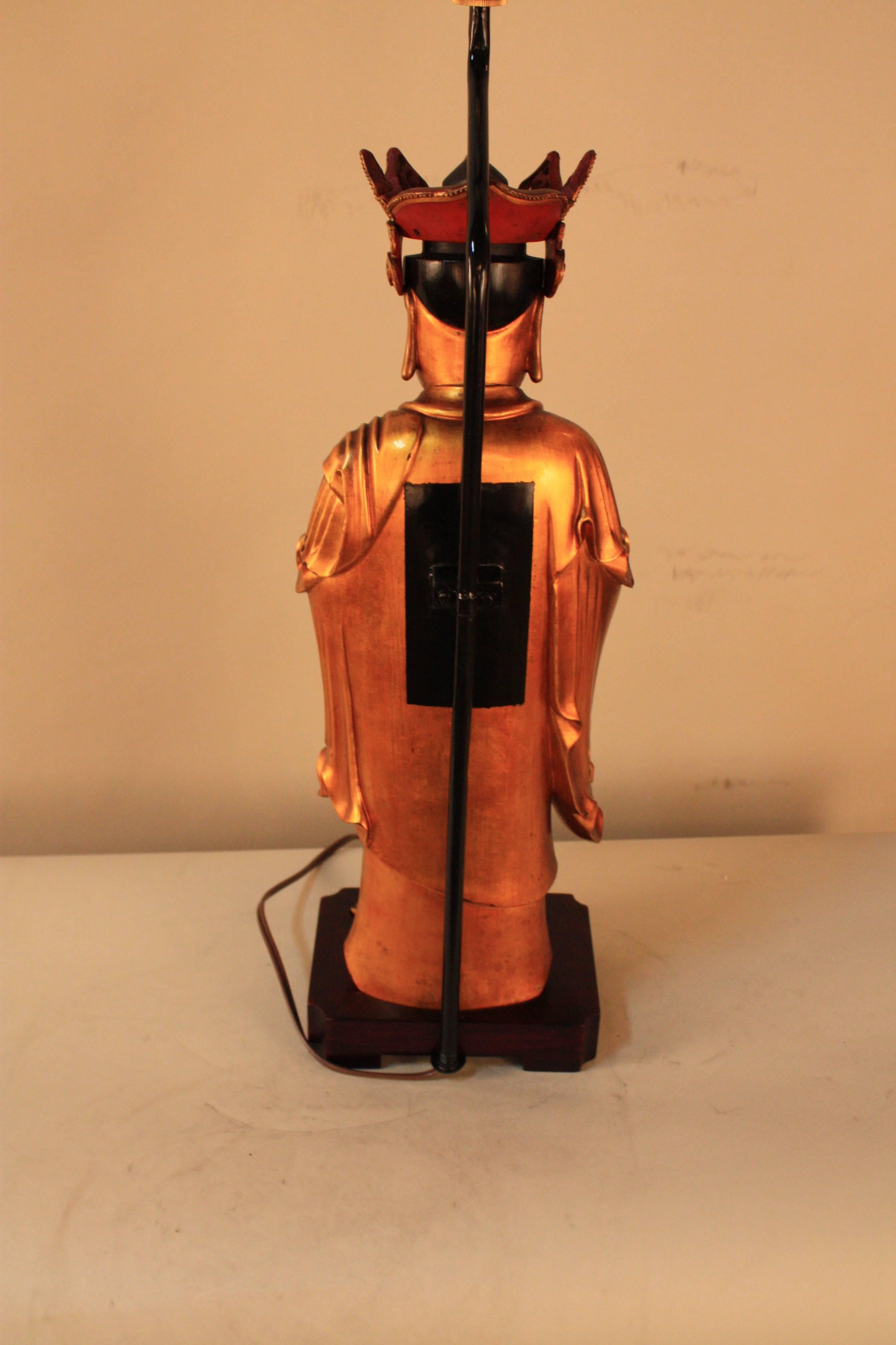 Chinese Lacquered Giltwood Buddha Statue Table Lamp 1