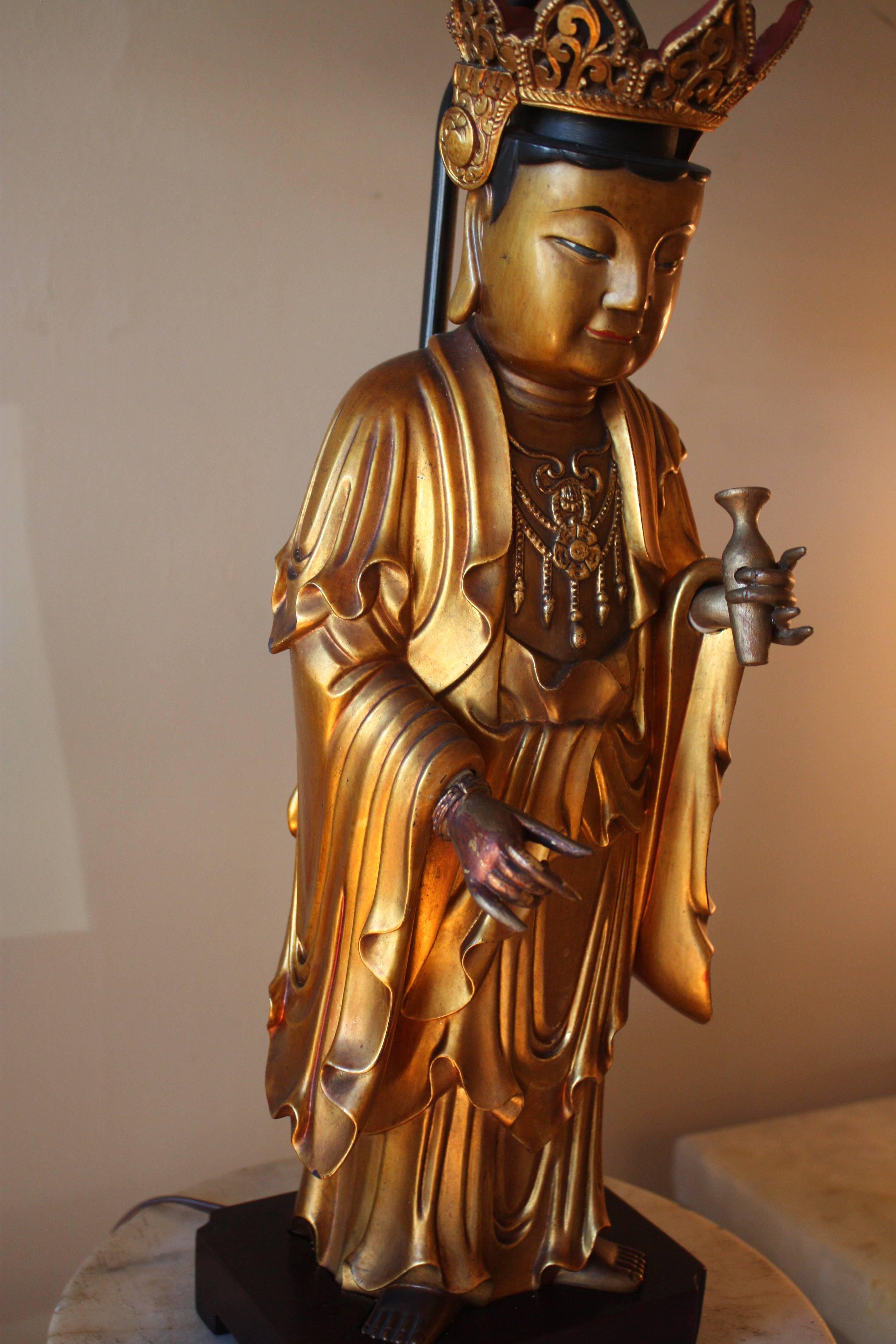 Chinese Lacquered Giltwood Buddha Statue Table Lamp 3