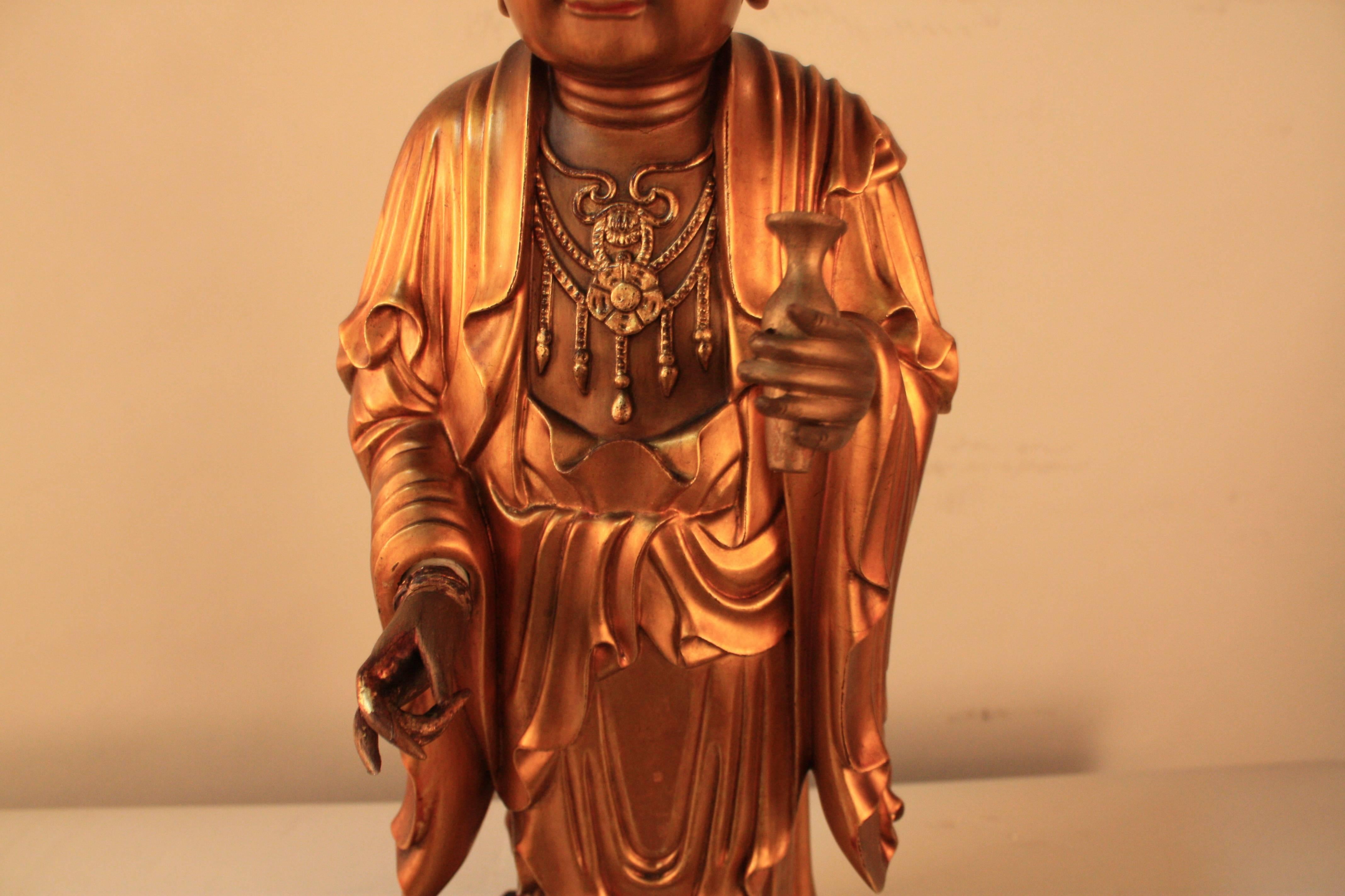 Early 20th Century Chinese Lacquered Giltwood Buddha Statue Table Lamp