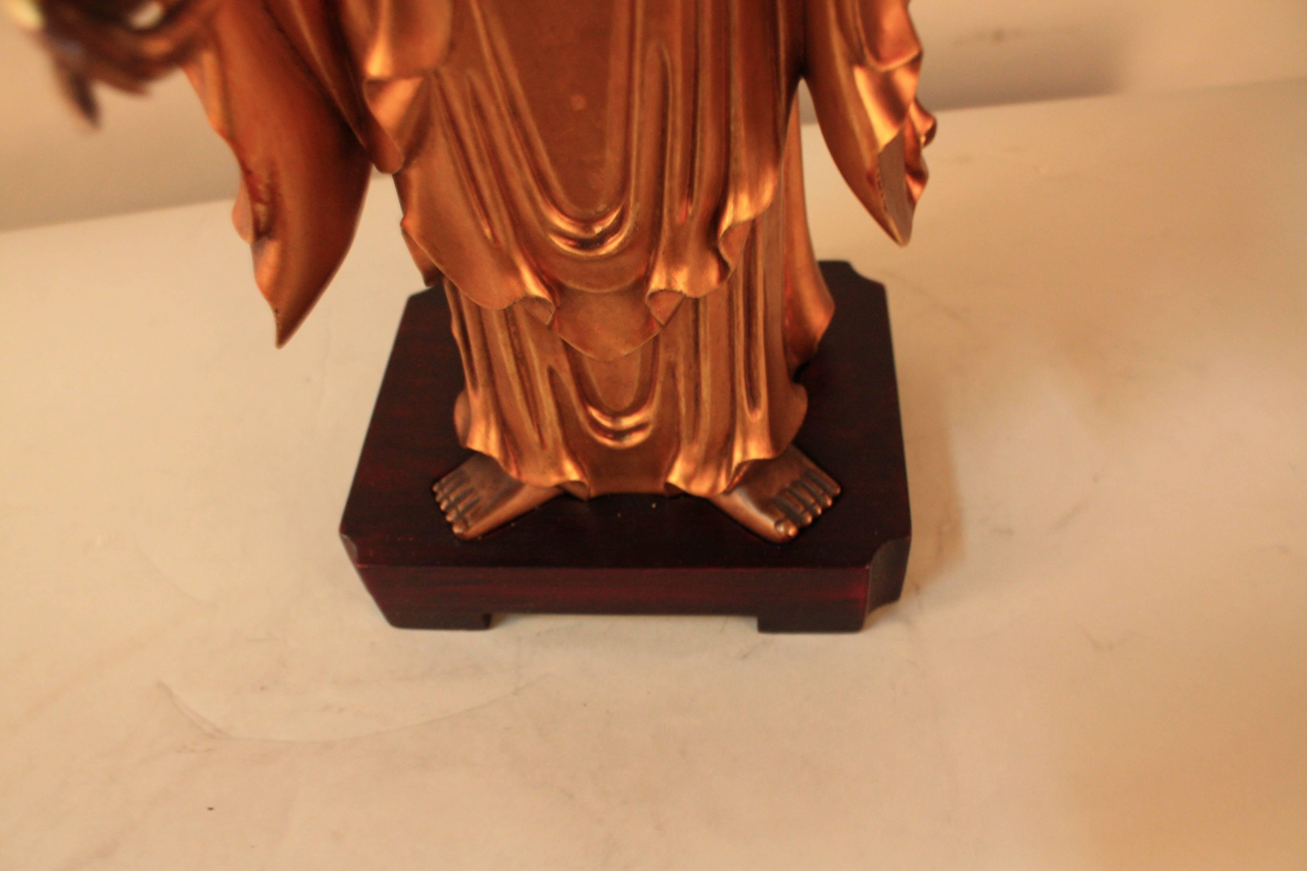 Stone Chinese Lacquered Giltwood Buddha Statue Table Lamp