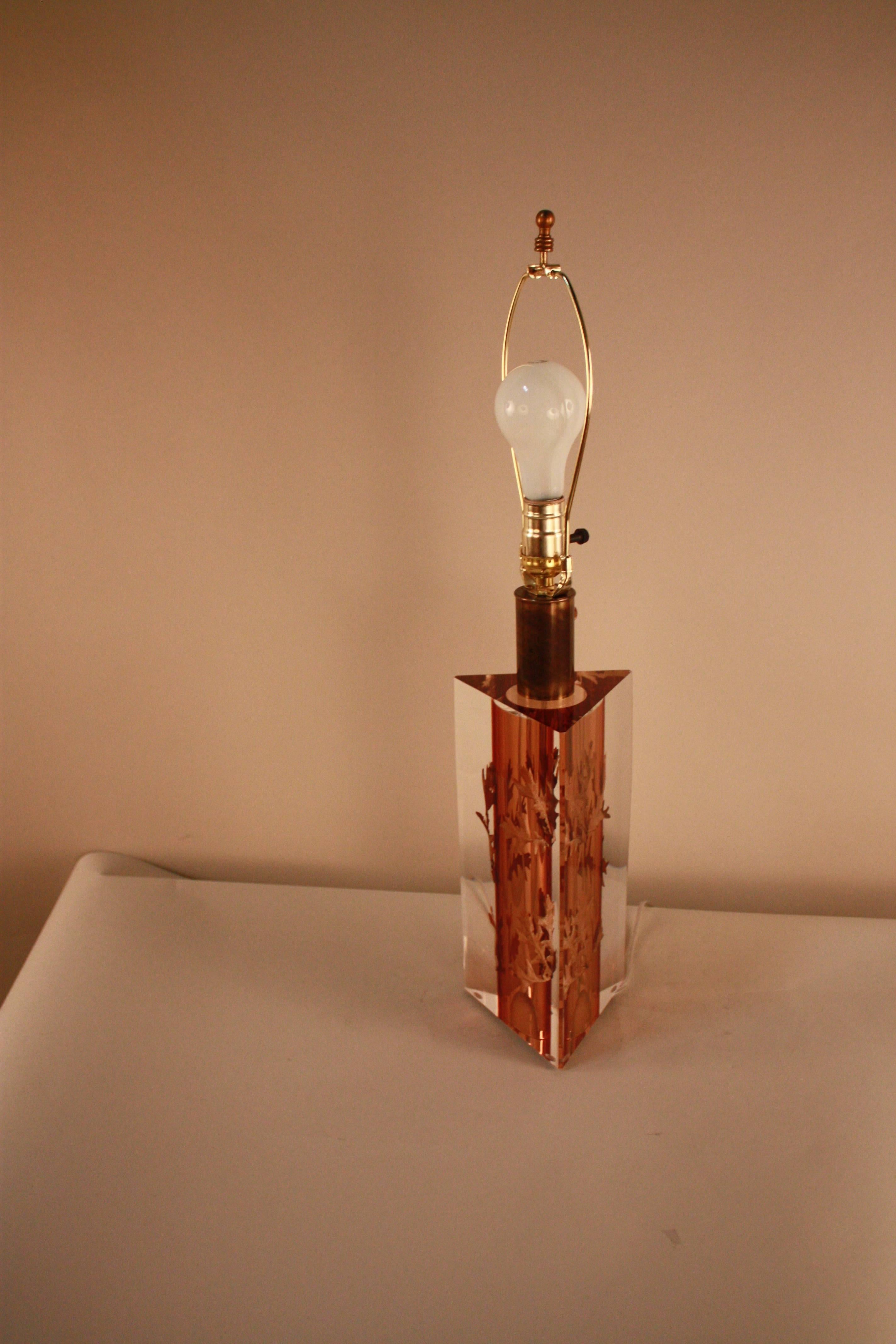 French Lucite Table Lamp with Leaf Inclusion by Romeo Paris