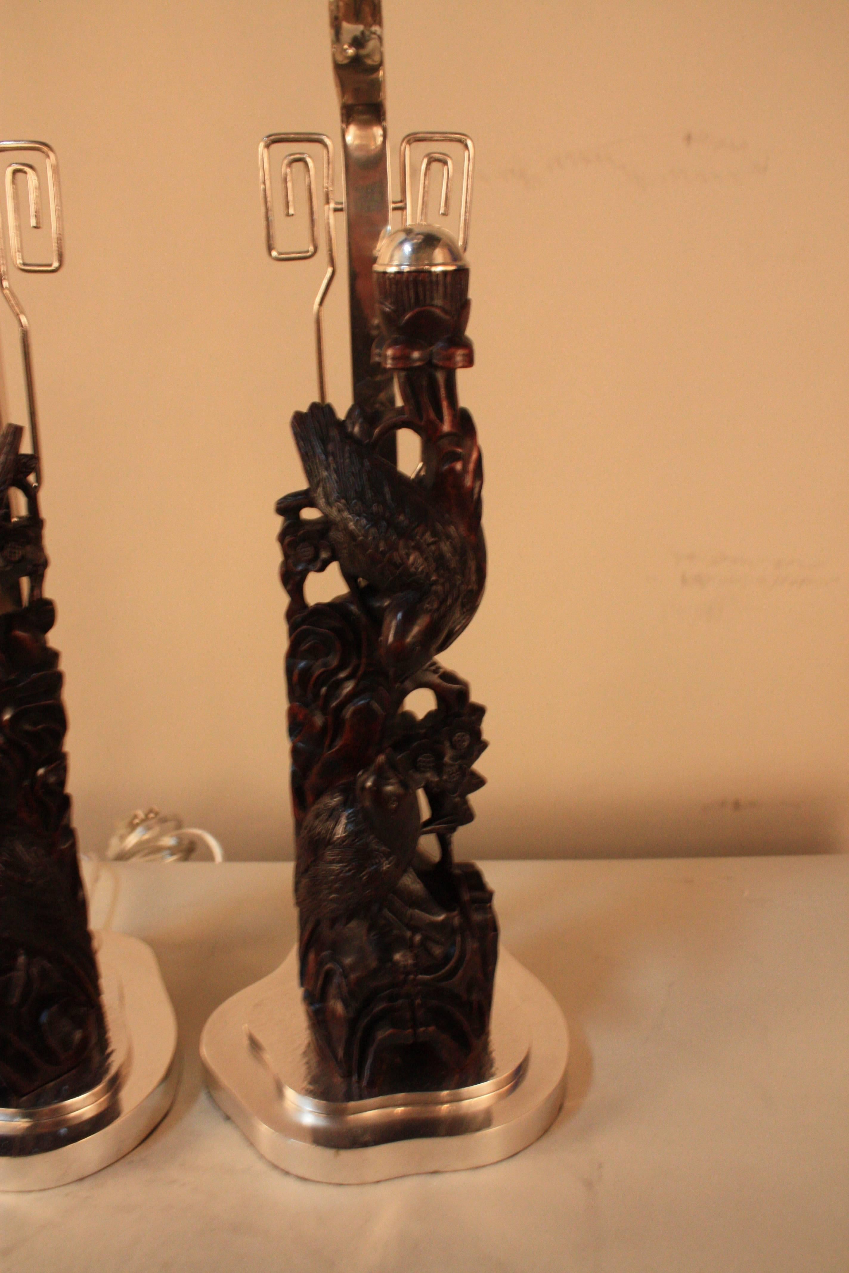 Chinese Pair of 19th Century Carved Rosewood Table Lamps