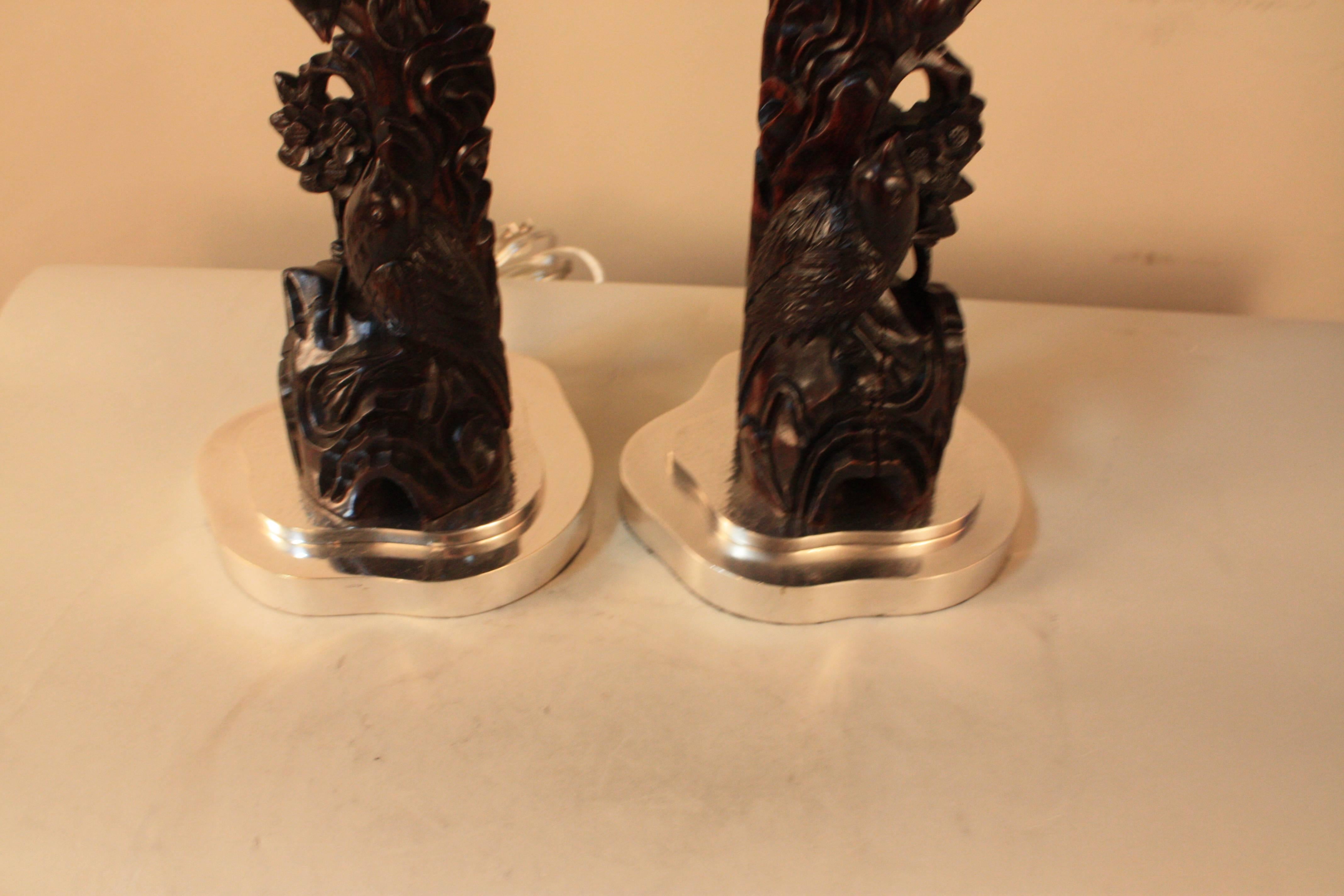 Silver Plate Pair of 19th Century Carved Rosewood Table Lamps