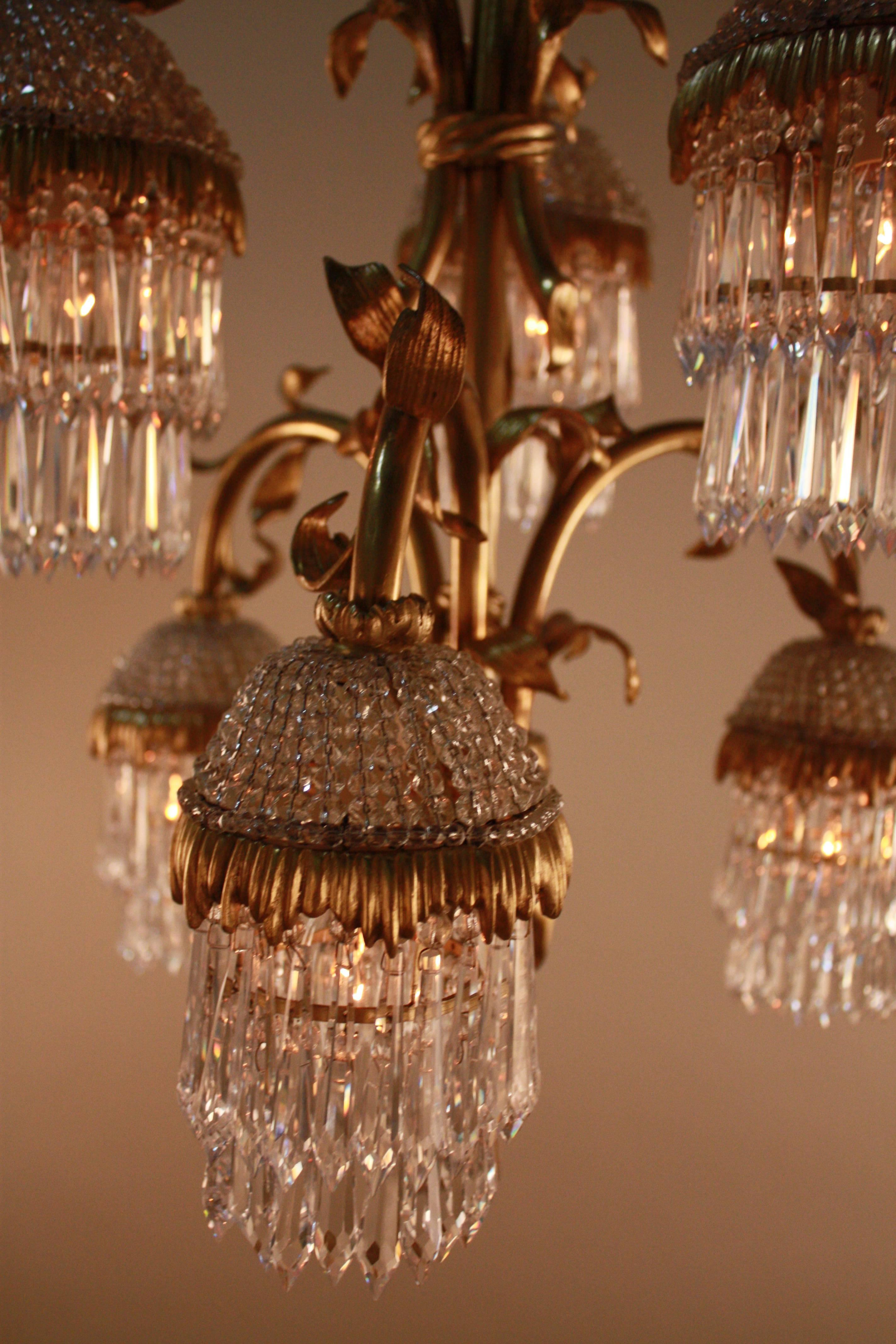 Exquisite Mid-Century Bronze and Crystal French Chandelier by Maison Bagues 1