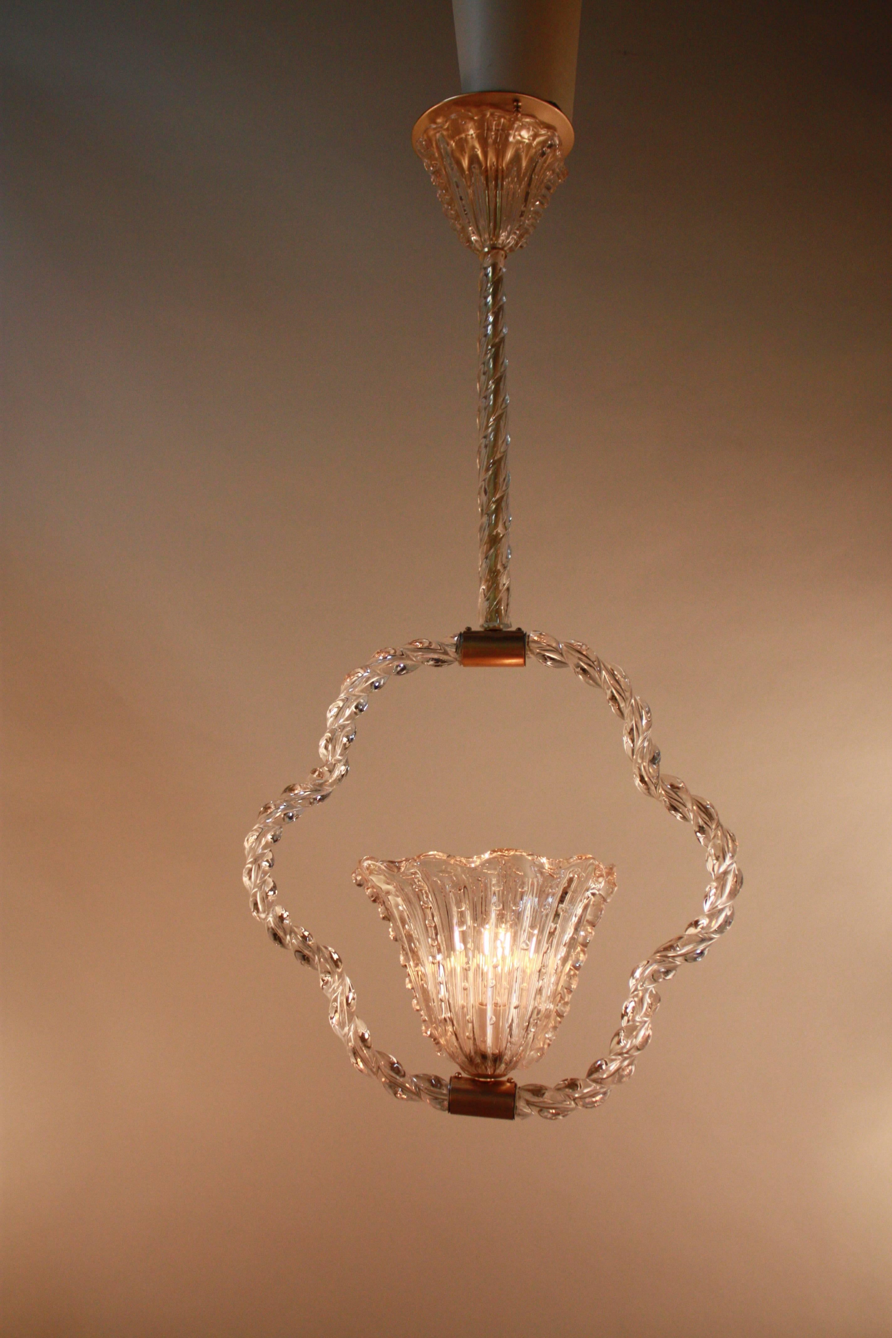 Exquisite one light handblown Murano glass chandelier by Barovier & Toso.