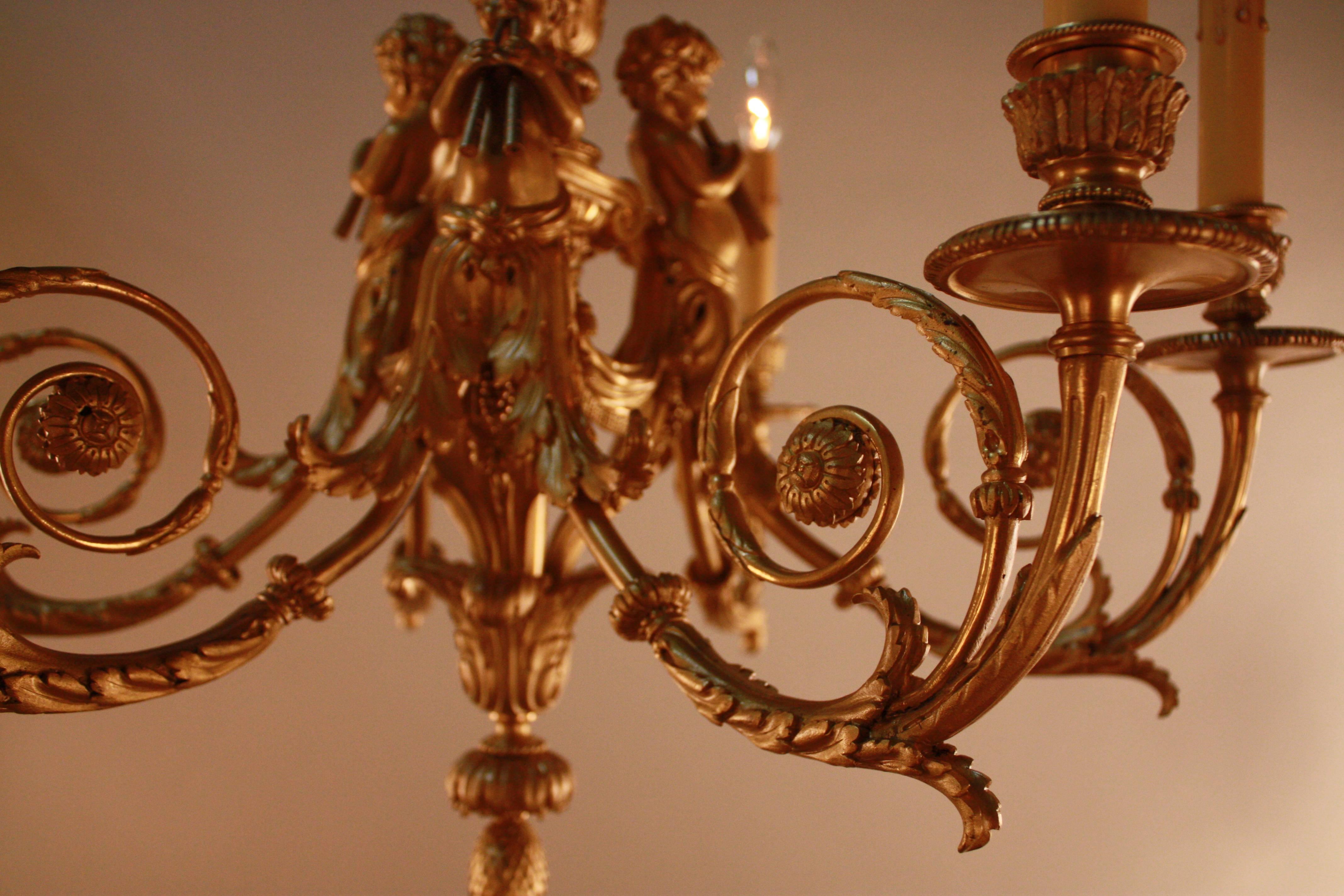 Gilt French Ormolu Six-Light Chandelier after a Model by Pierre GouthièRe