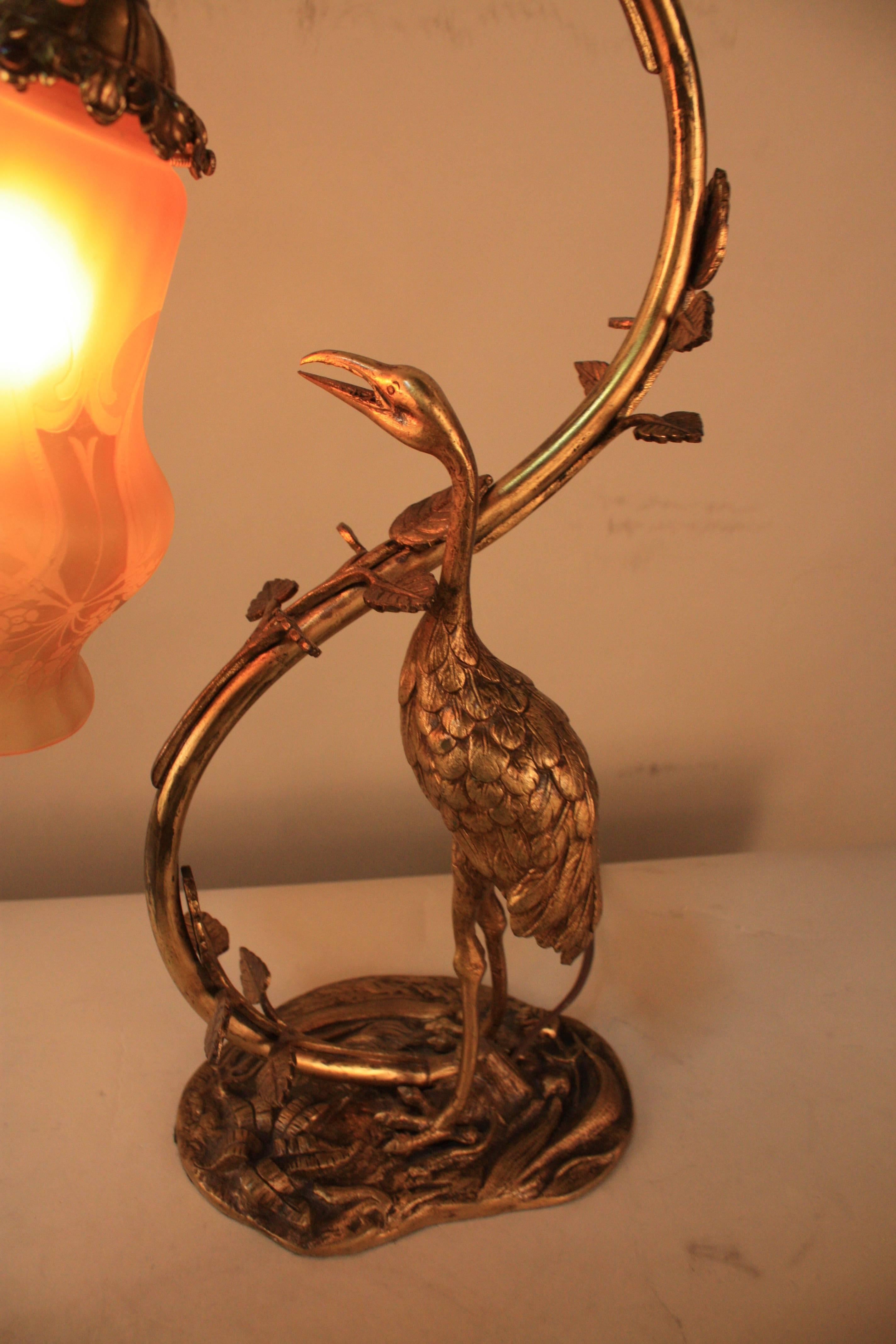 Etched Art Nouveau Bronze Stork Table Lamp