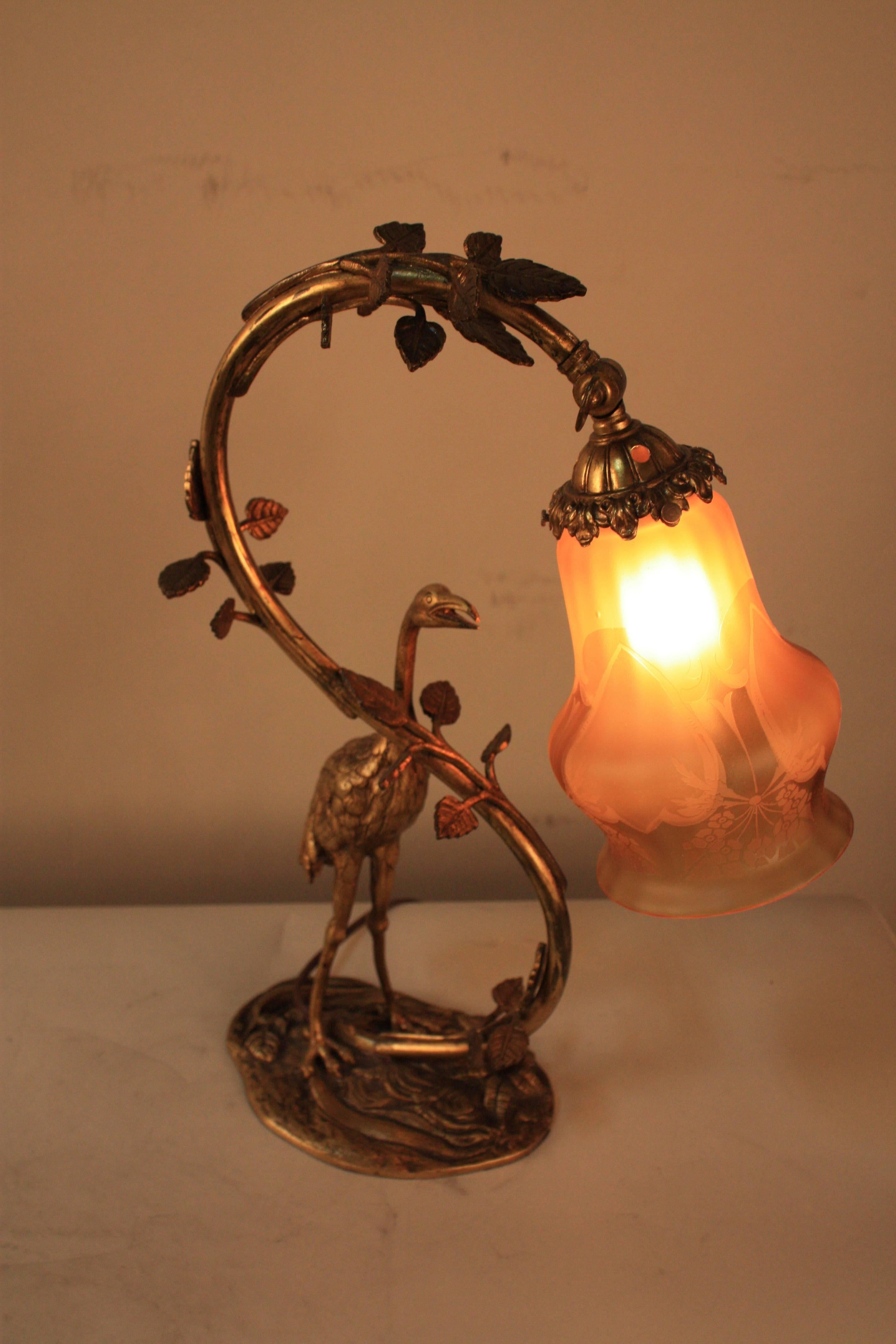 Early 20th Century Art Nouveau Bronze Stork Table Lamp