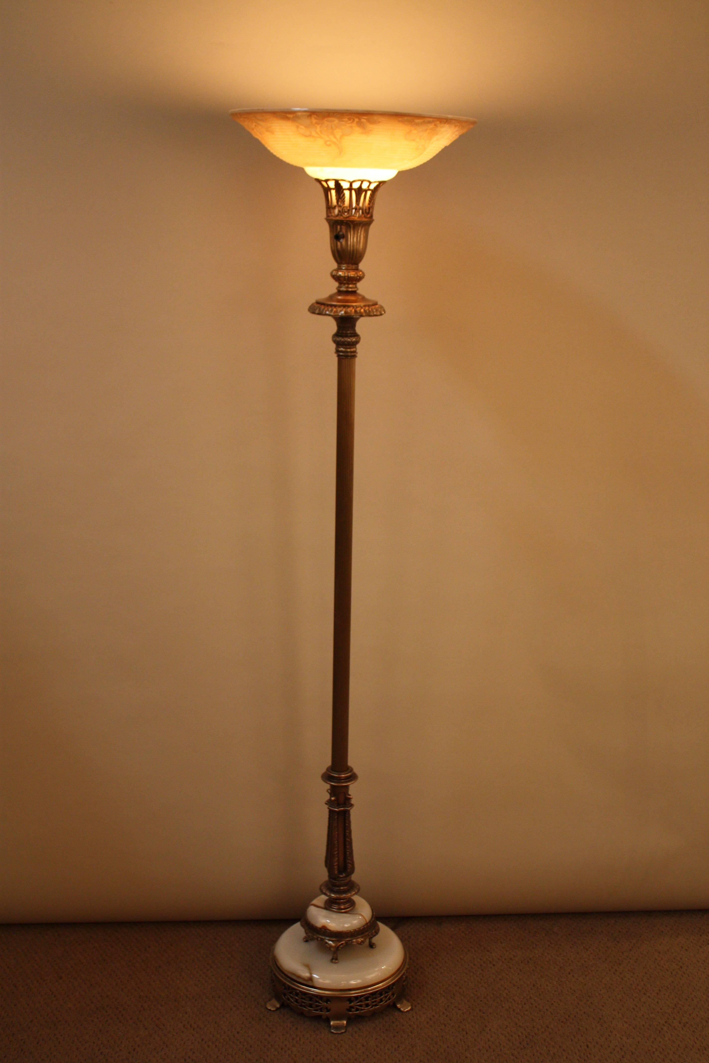 Metal American Torchiere Floor Lamp with Onyx Base