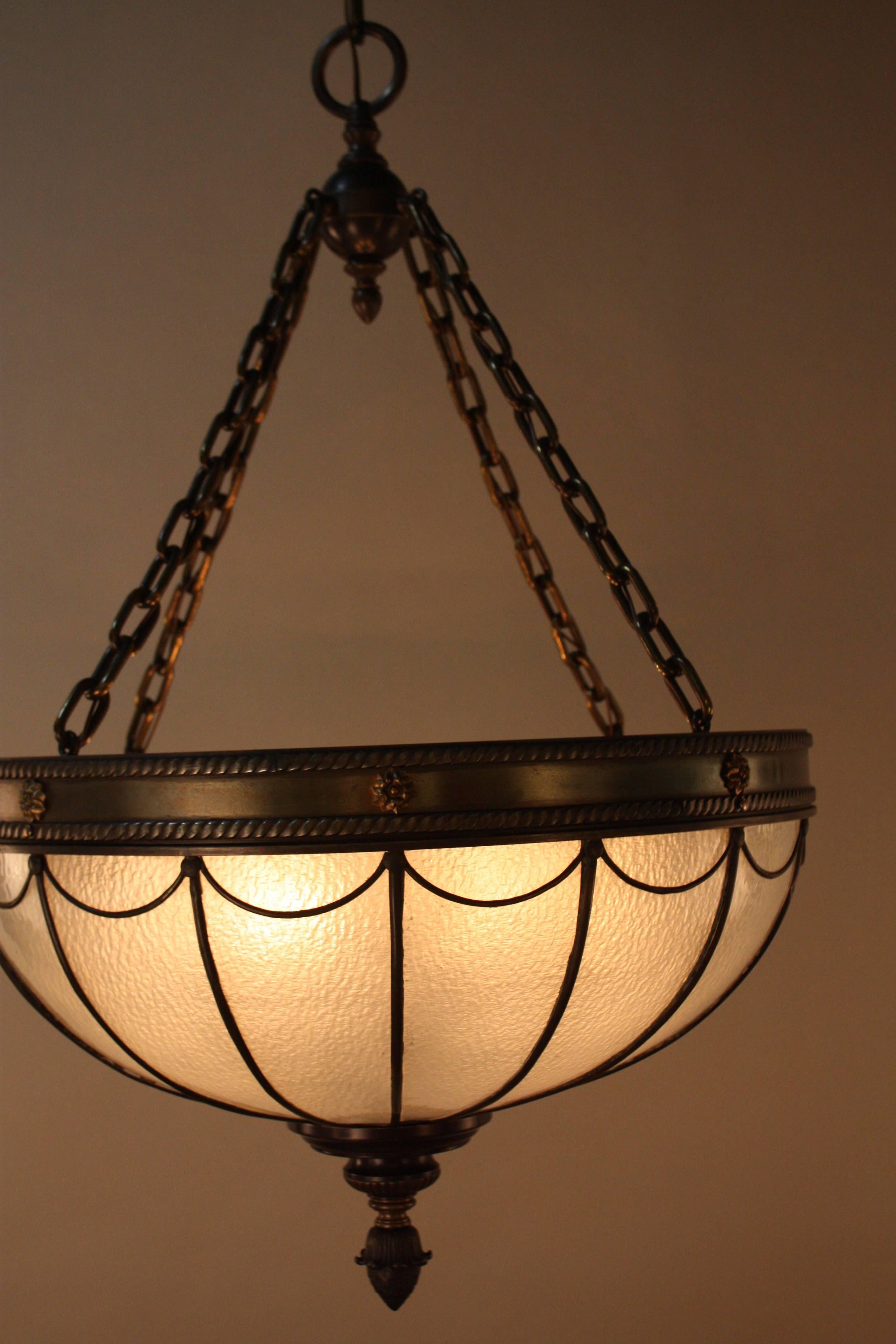 Bronzed American Leaded Glass Inverted Dome Chandelier