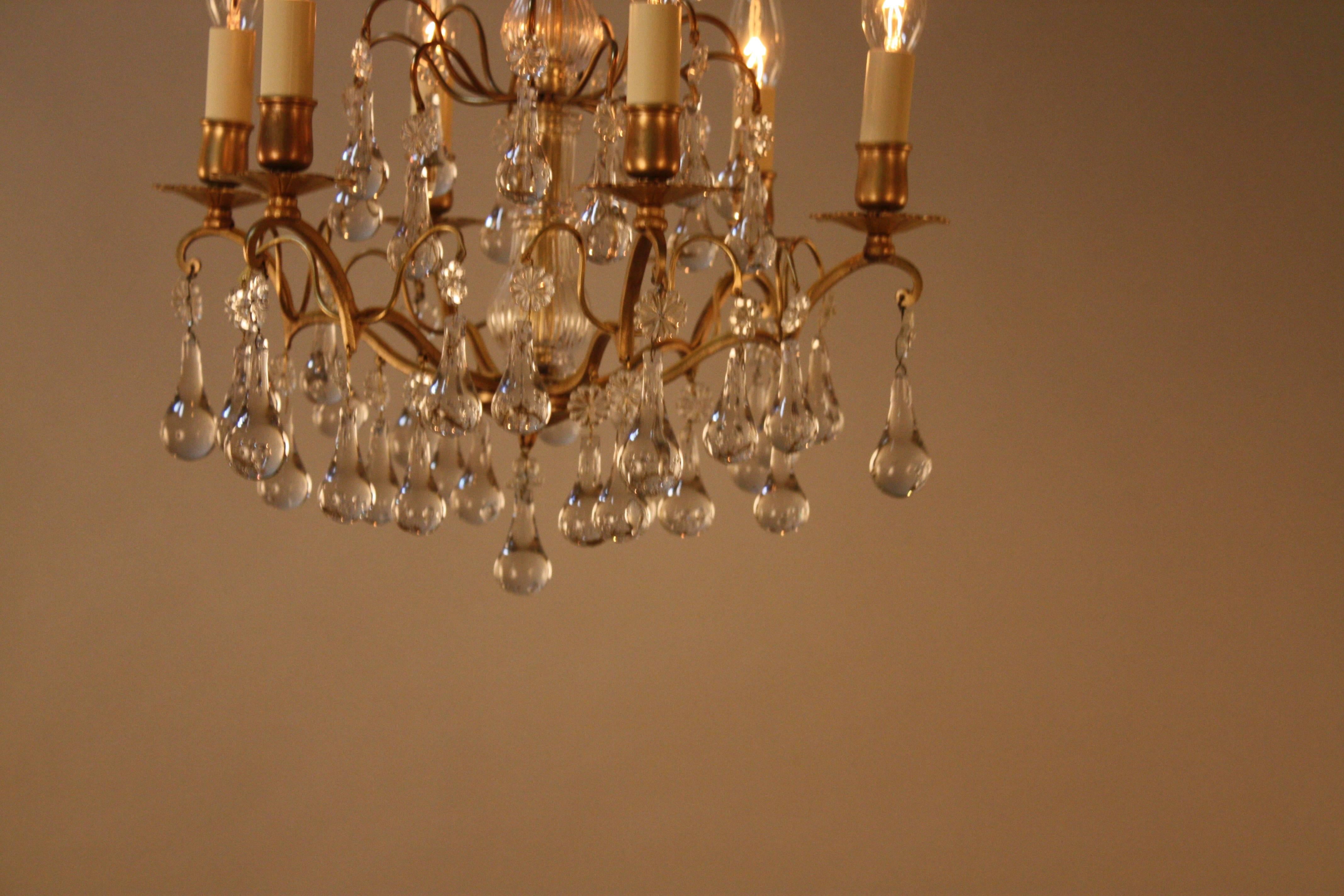 French 1930s Crystal and Bronze Chandelier 1