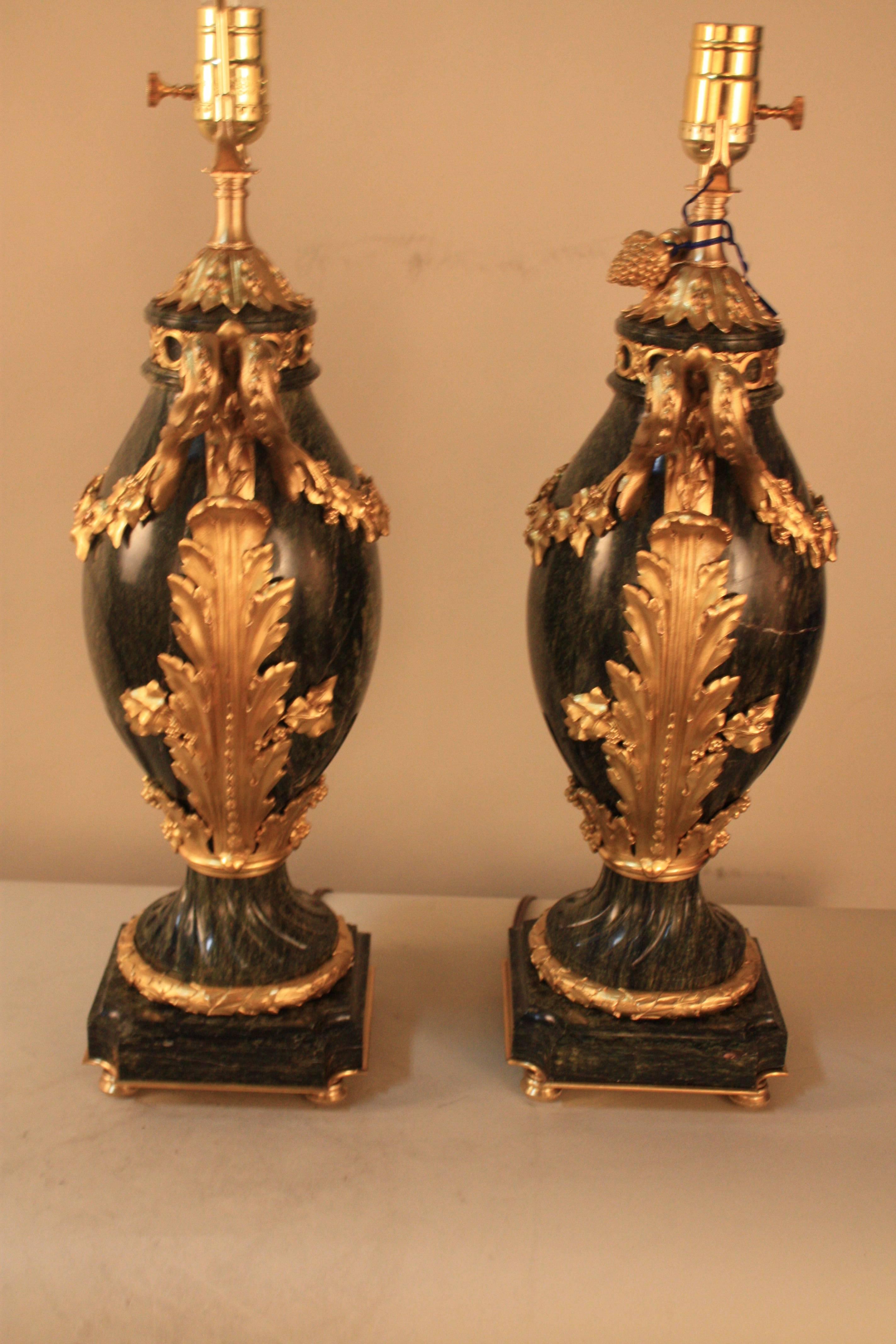 Pair of 19th Century French Gilt Bronze and Marble Urn-Form Table Lamps   1