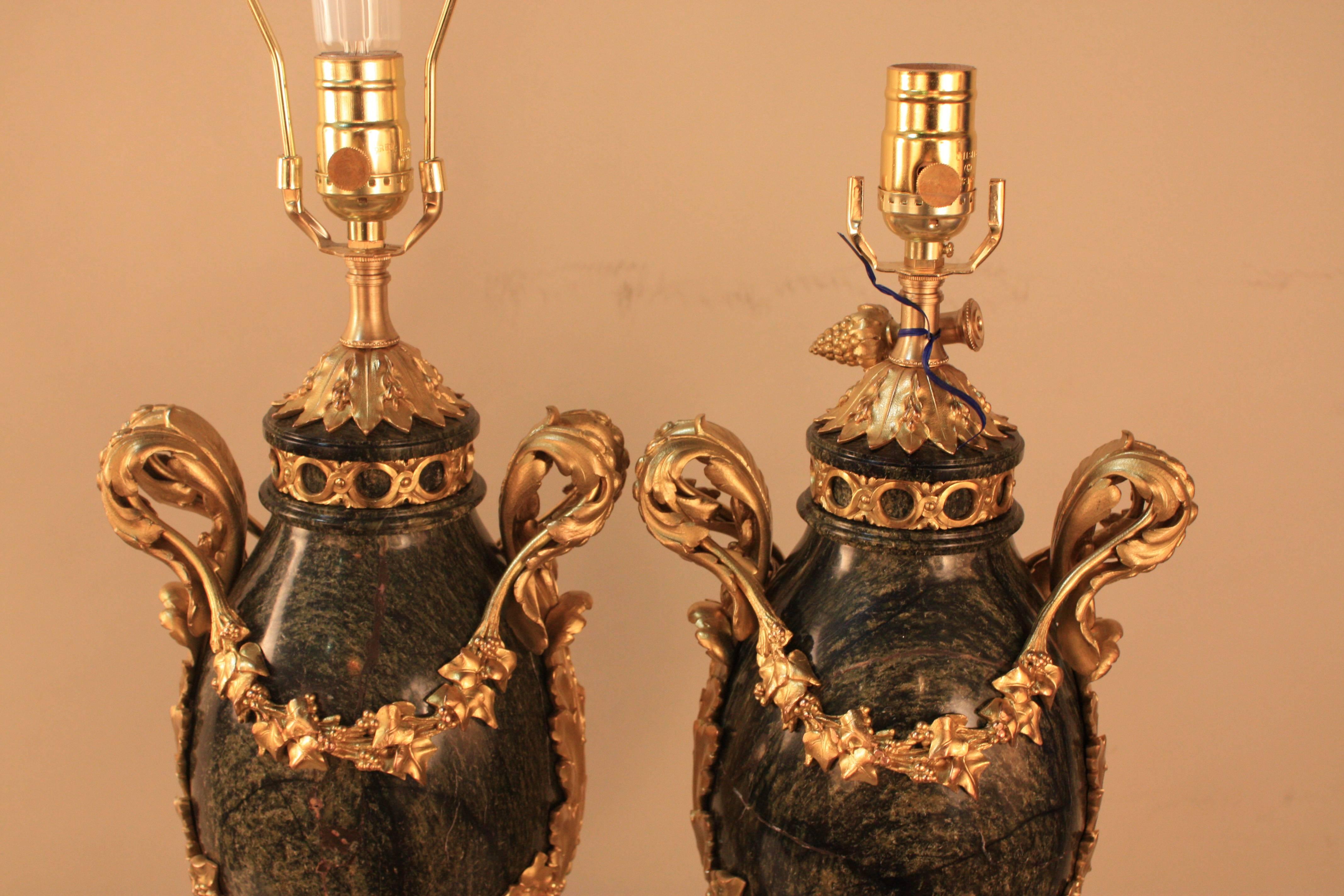 Pair of 19th Century French Gilt Bronze and Marble Urn-Form Table Lamps   In Good Condition In Fairfax, VA