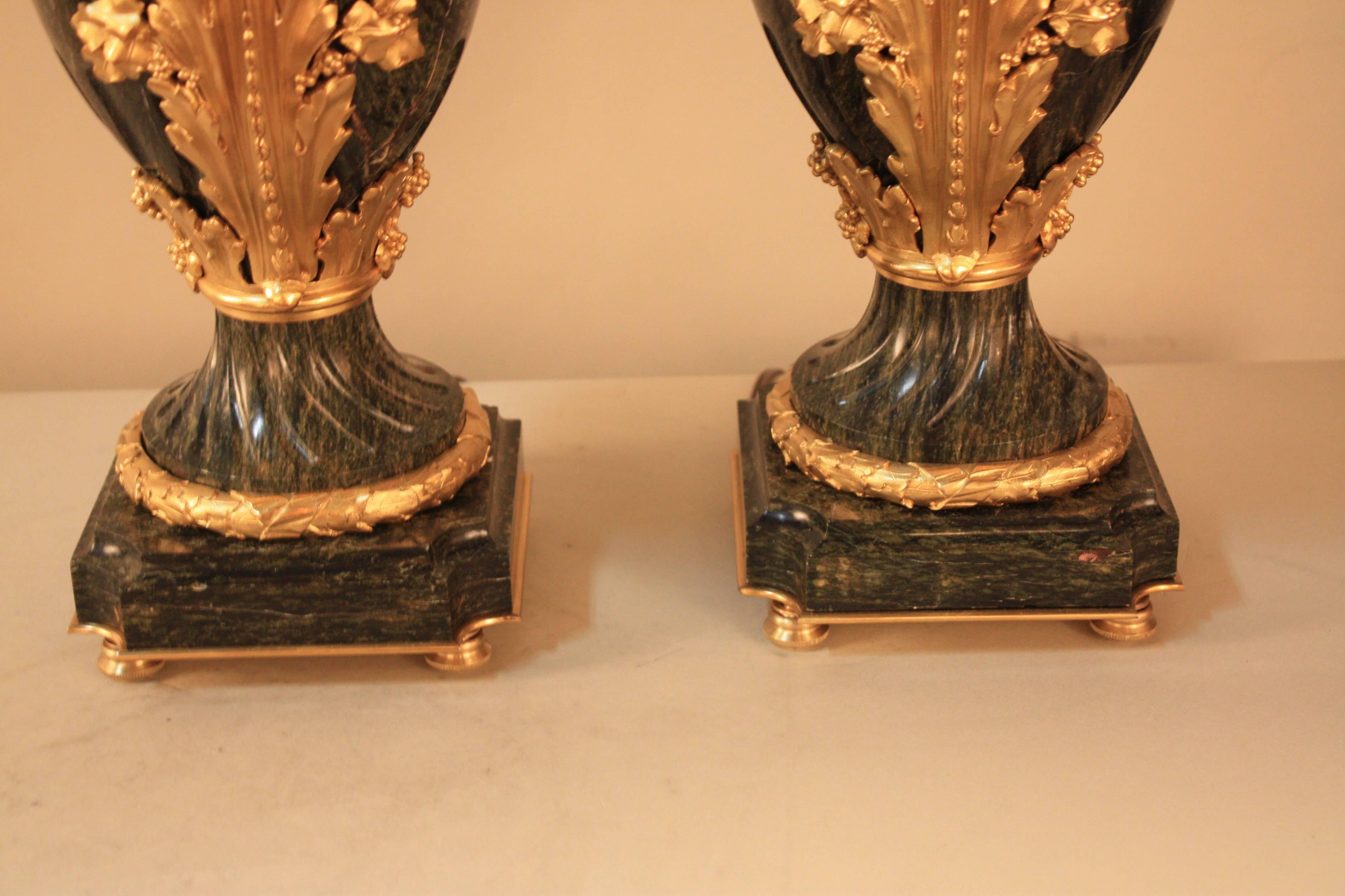 Pair of 19th Century French Gilt Bronze and Marble Urn-Form Table Lamps   2