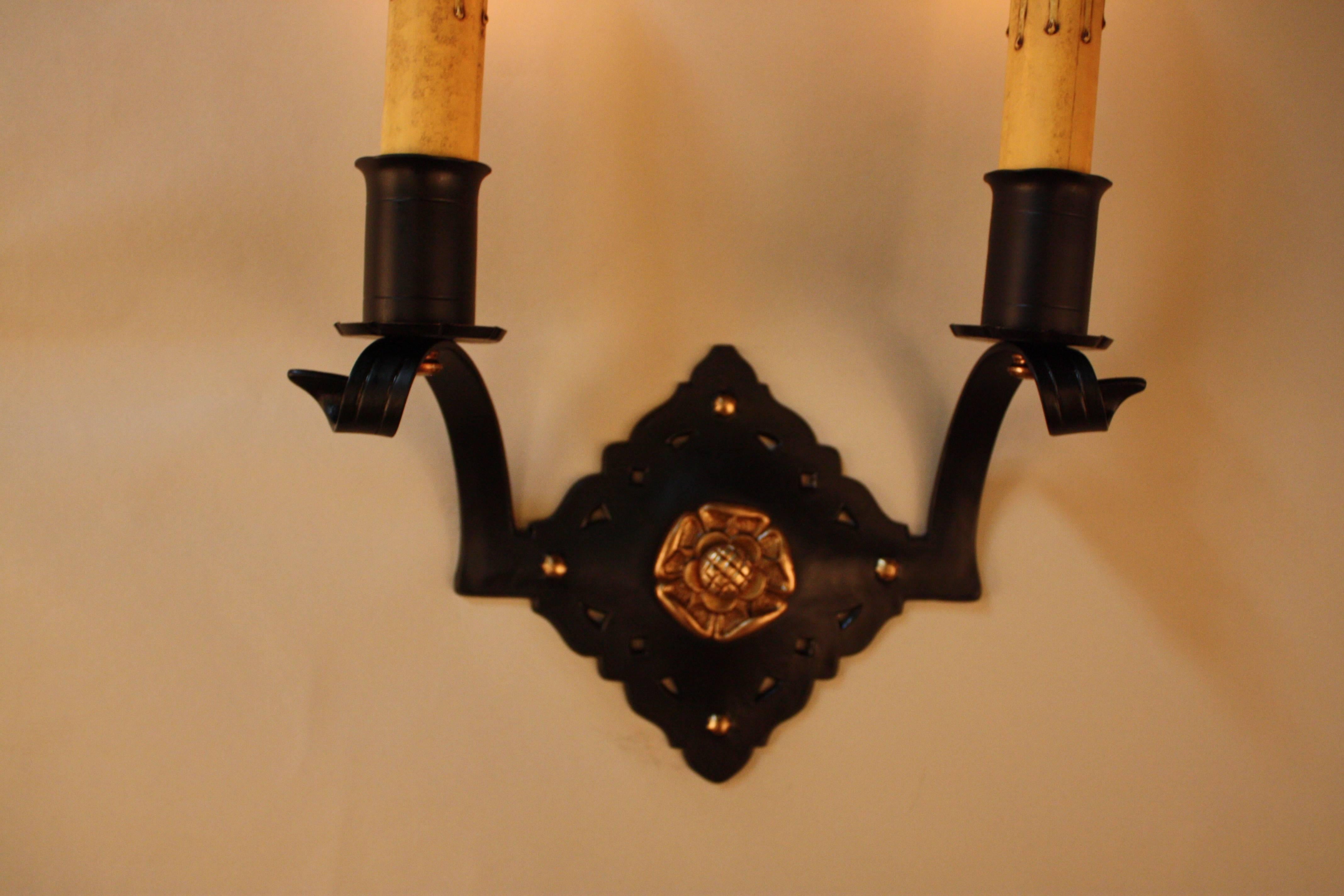 Pair of Handcrafted Bronze Wall Sconces For Sale 2