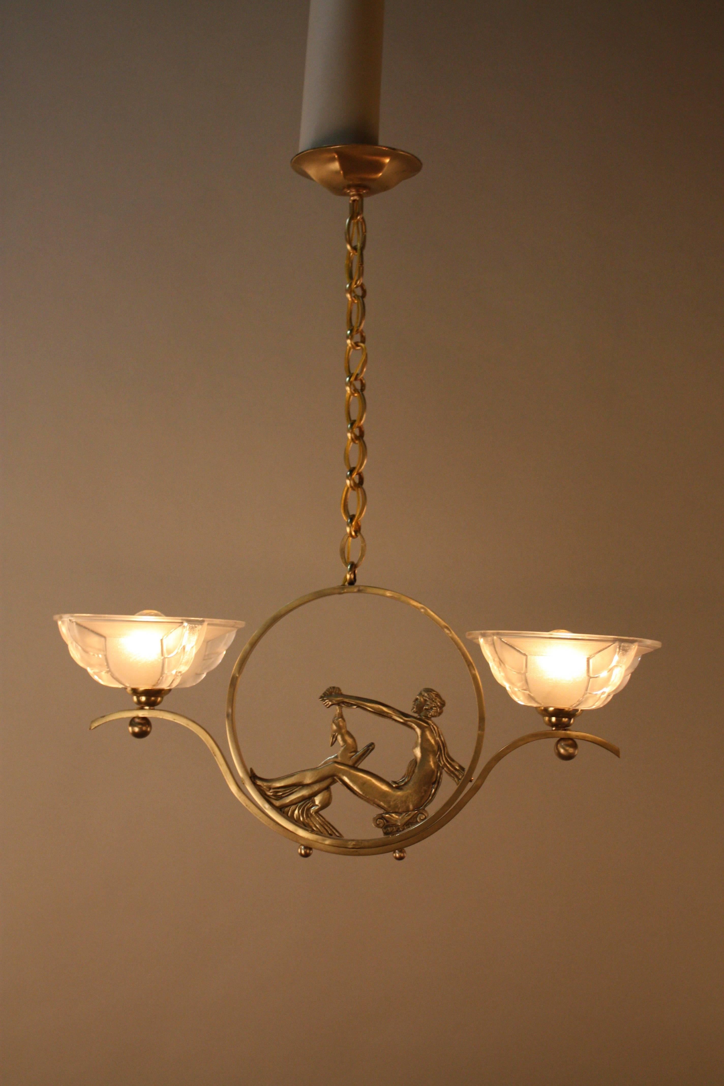 Beautiful double light French bronze Art Deco chandelier.
Minimum height fully installed is 18