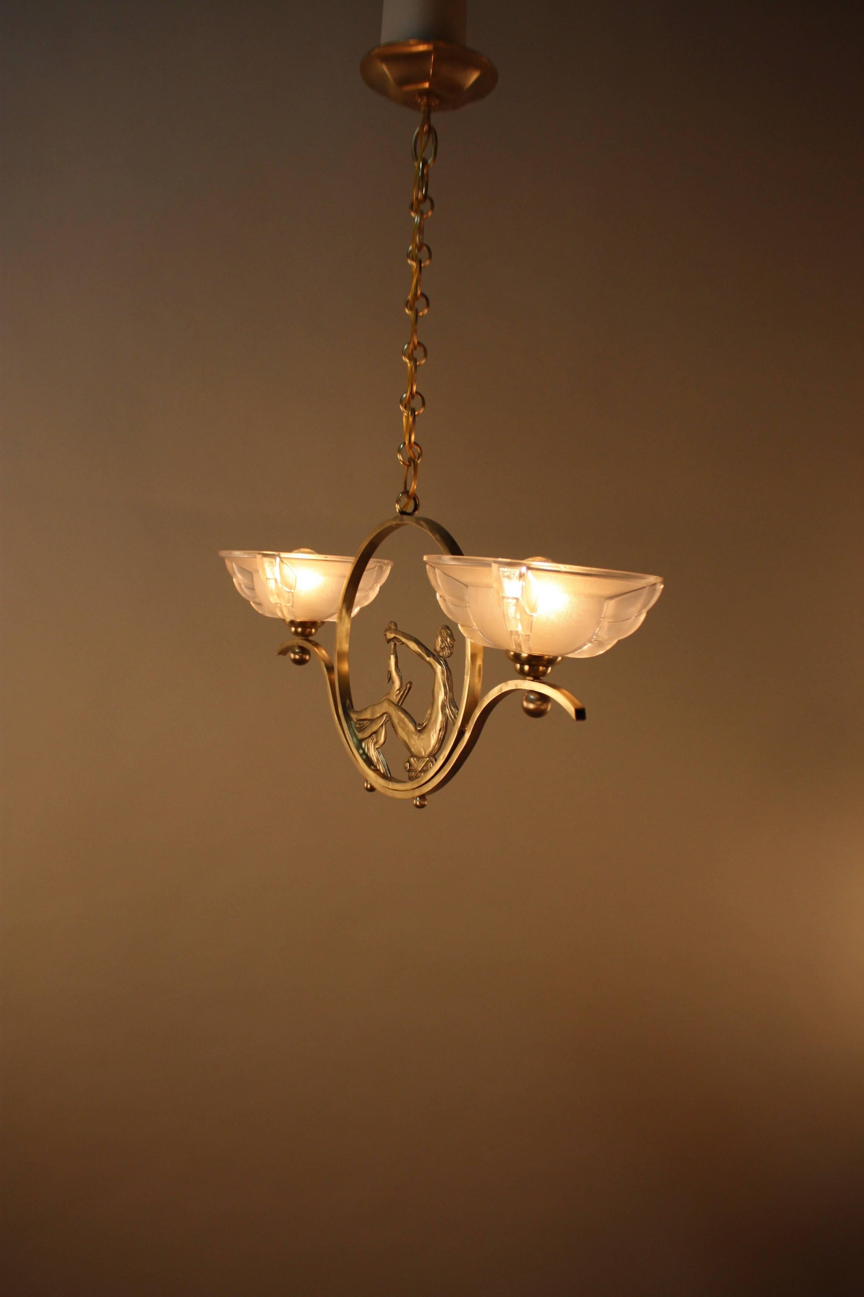 French Art Deco Bronze and Glass Chandelier 2