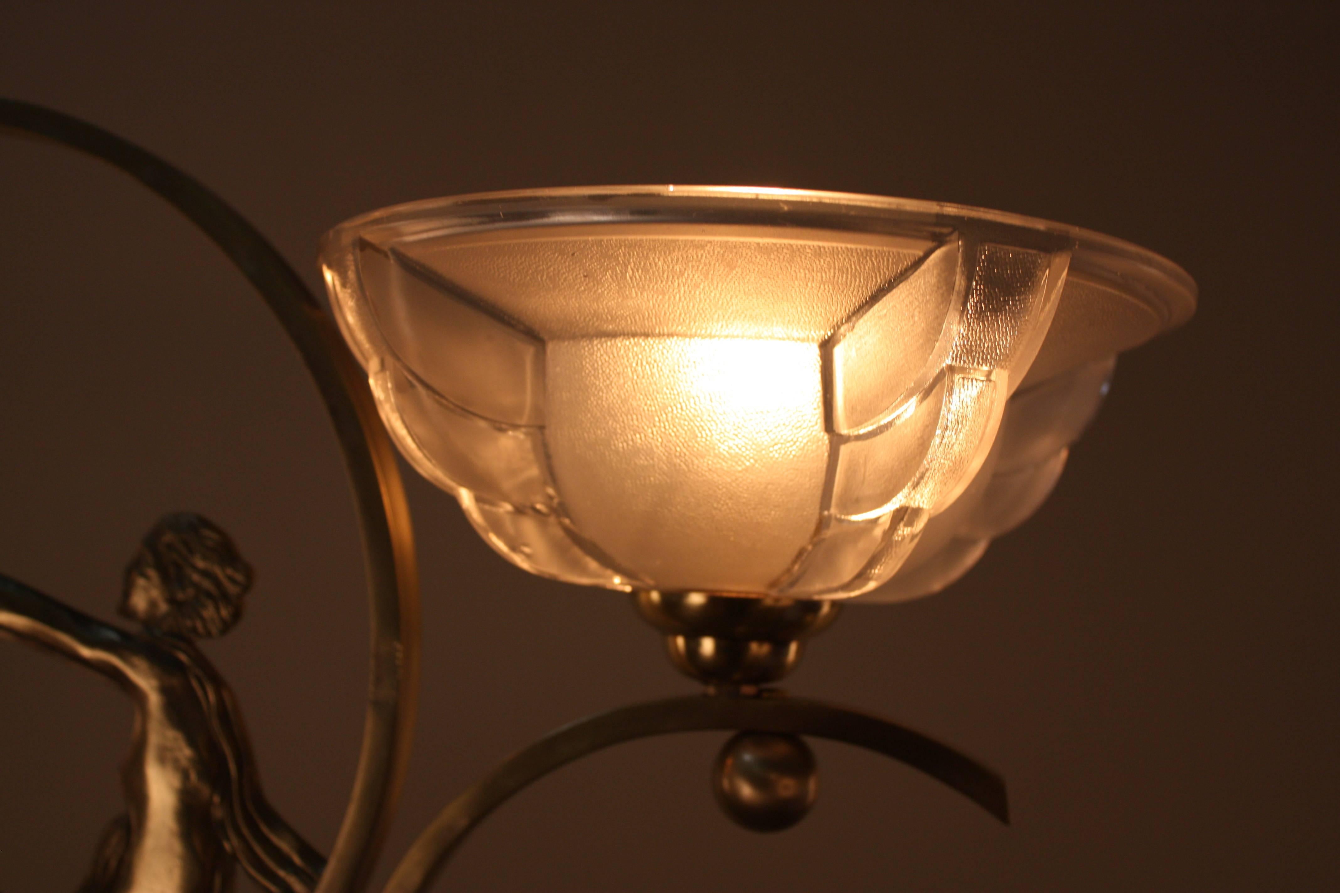 Mid-20th Century French Art Deco Bronze and Glass Chandelier