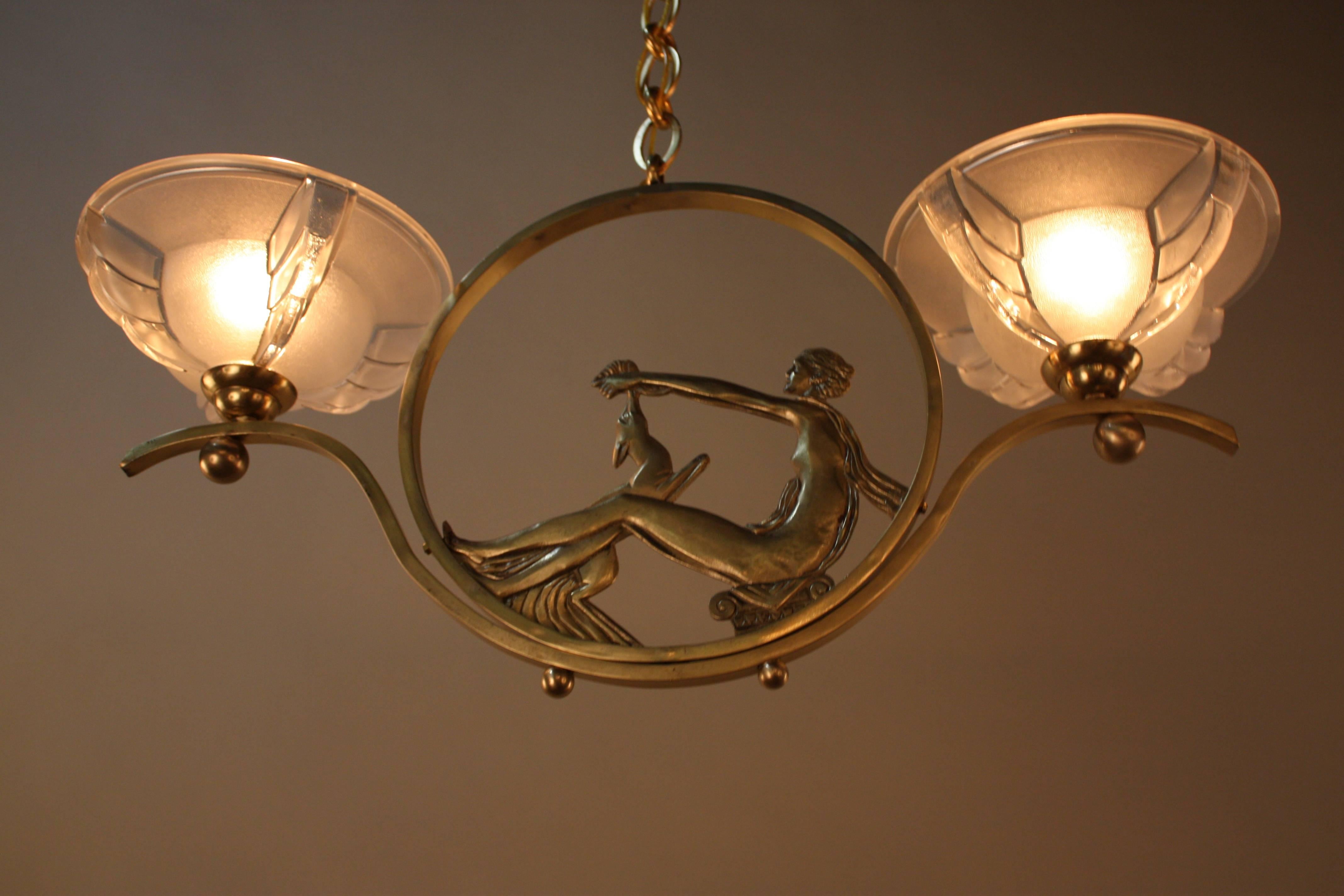 French Art Deco Bronze and Glass Chandelier 3