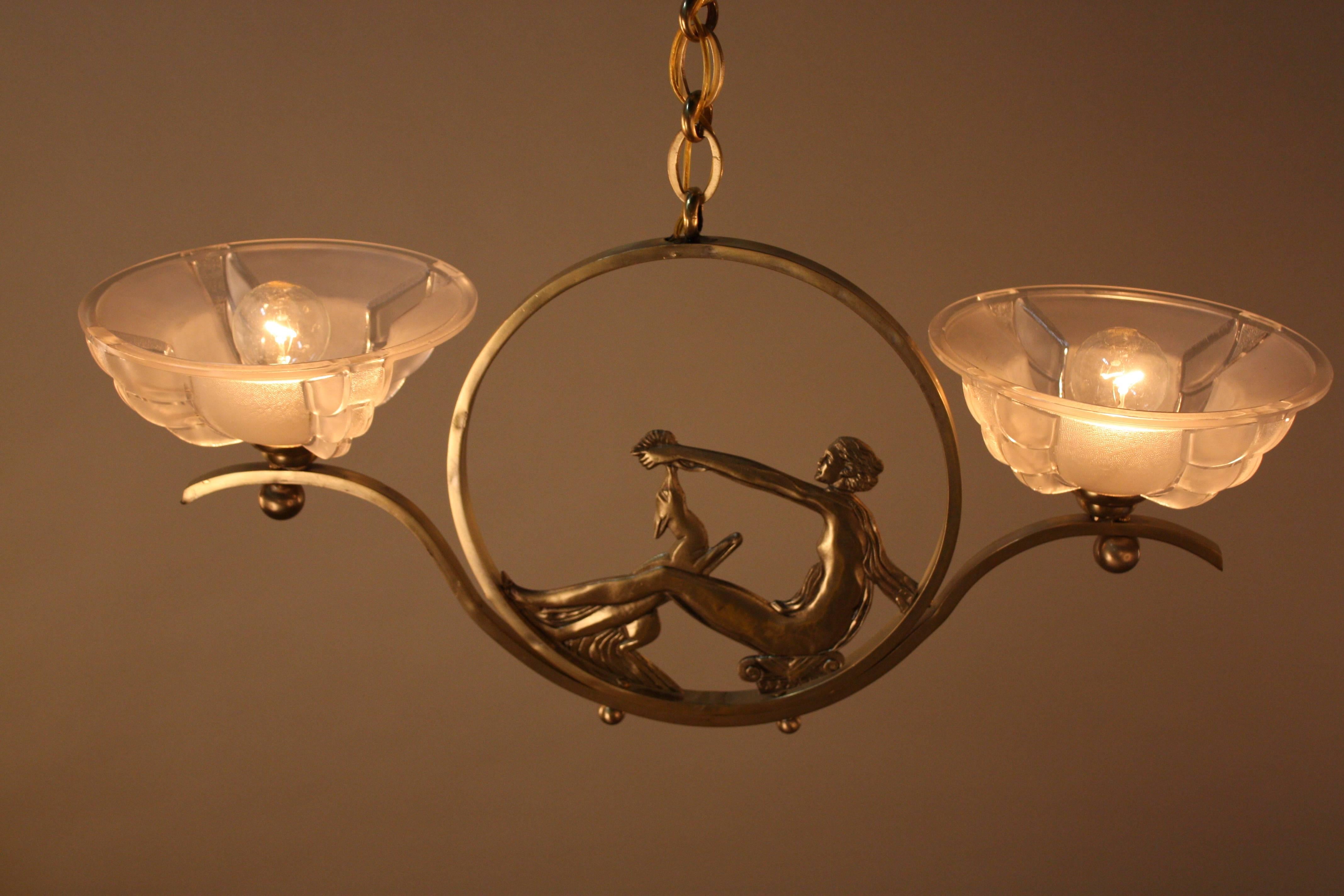 French Art Deco Bronze and Glass Chandelier 4