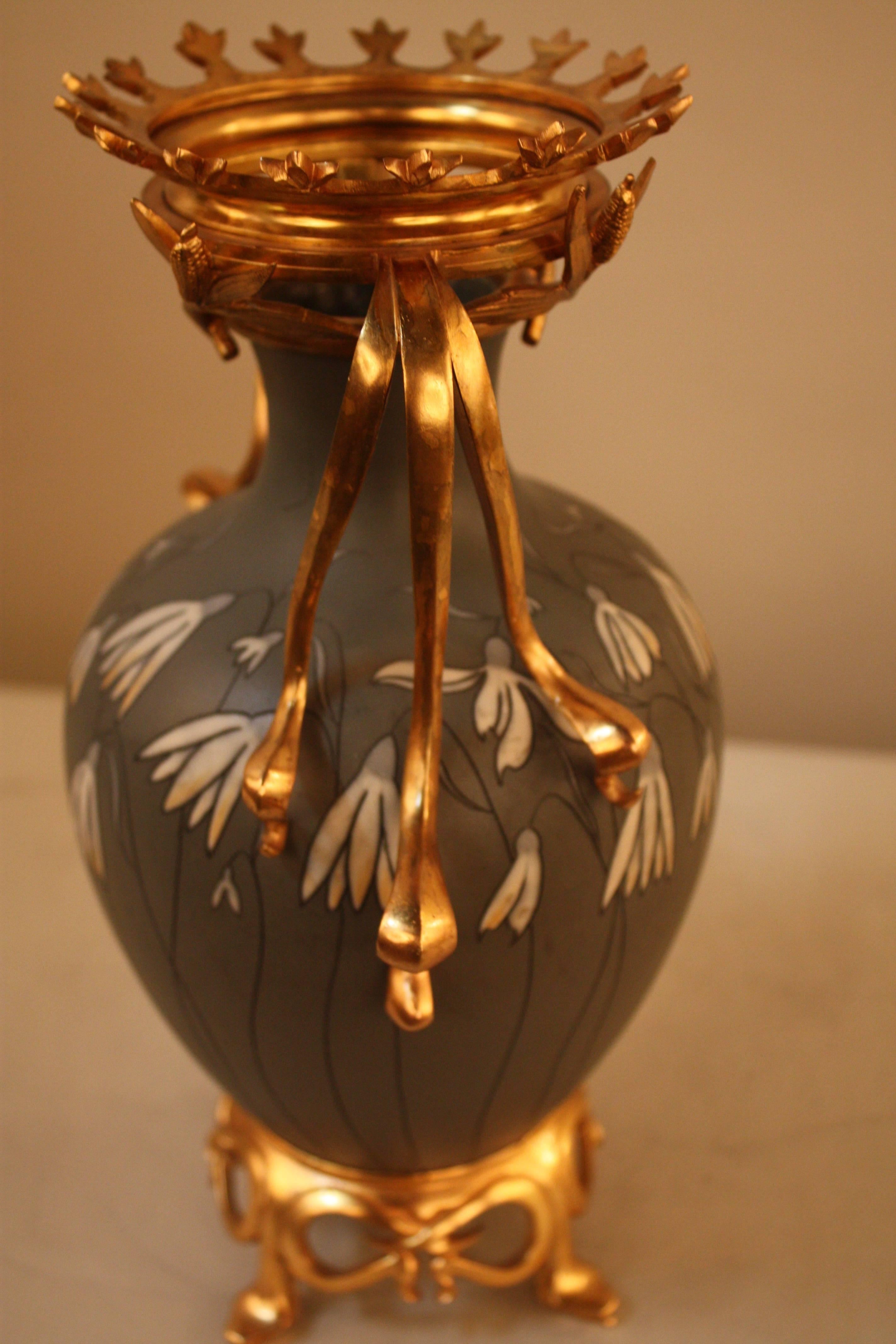 German Mettlach Art Nouveau Pottery Vase with Dore Bronze Decoration