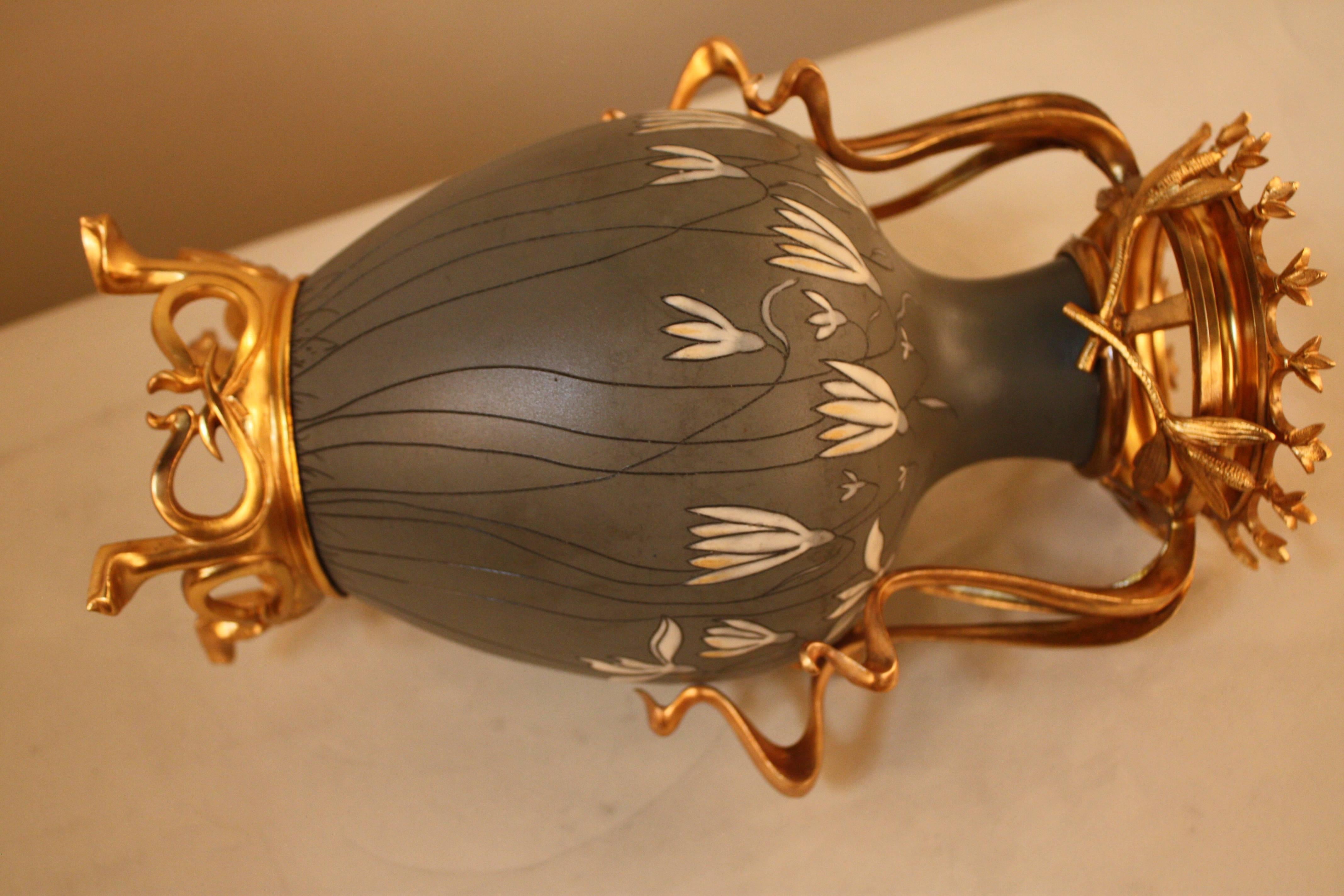 Mettlach Art Nouveau Pottery Vase with Dore Bronze Decoration In Good Condition In Fairfax, VA