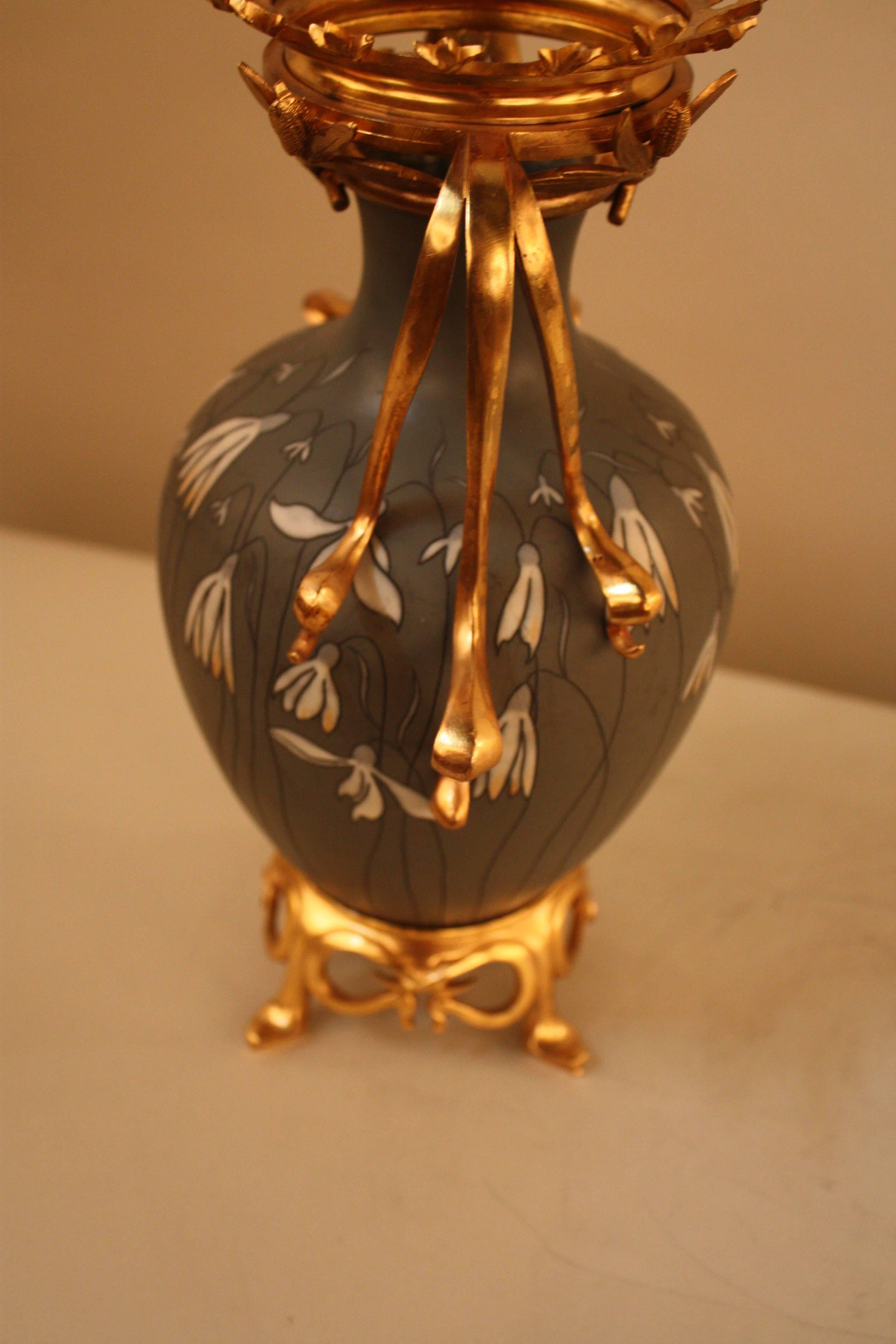 Mettlach Art Nouveau Pottery Vase with Dore Bronze Decoration 1