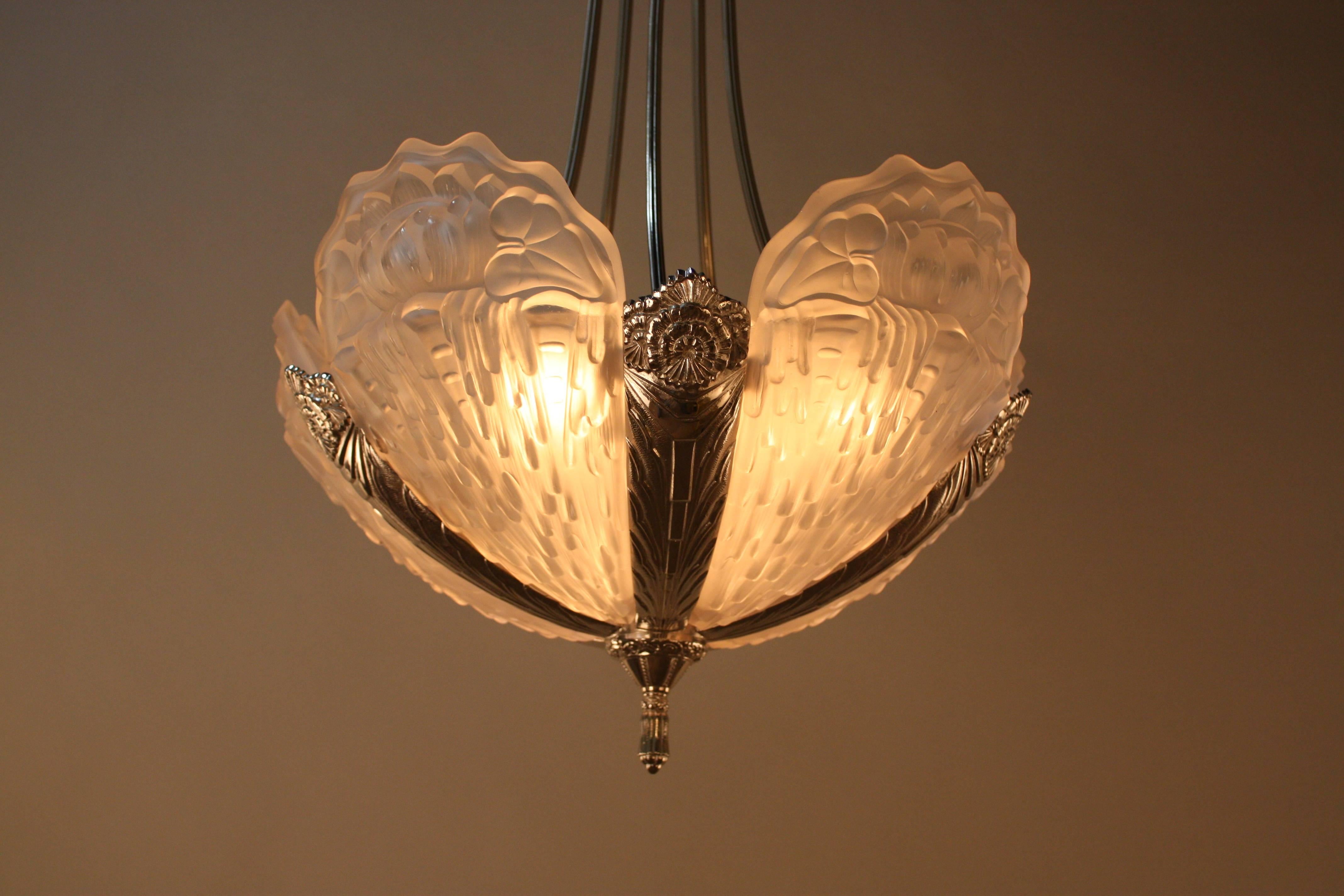 French Art Deco Nickel on Frost Glass Chandelier In Good Condition In Fairfax, VA