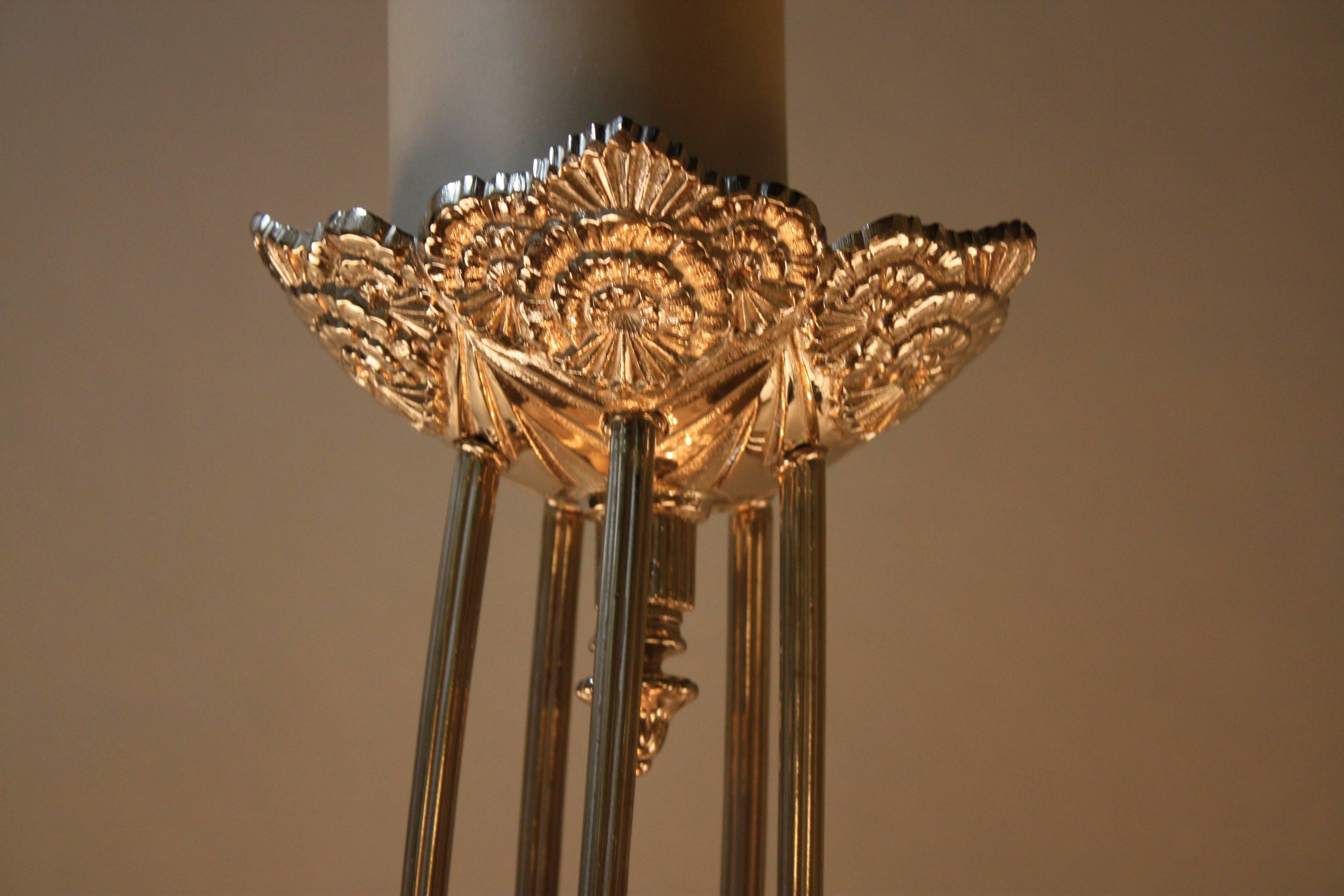 Mid-20th Century French Art Deco Nickel on Frost Glass Chandelier