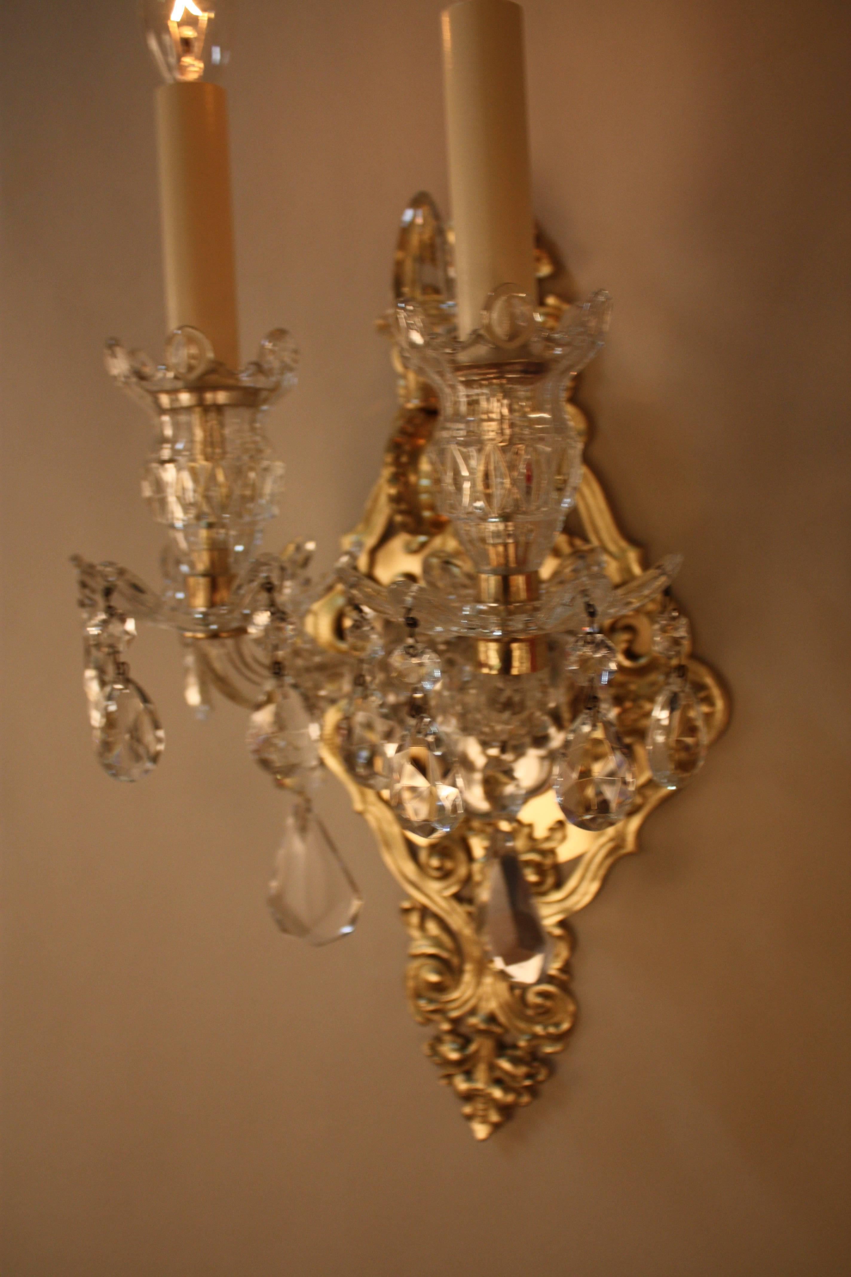 Fabulous Pair of Spanish Crystal and Bronze Wall Sconces In Good Condition In Fairfax, VA