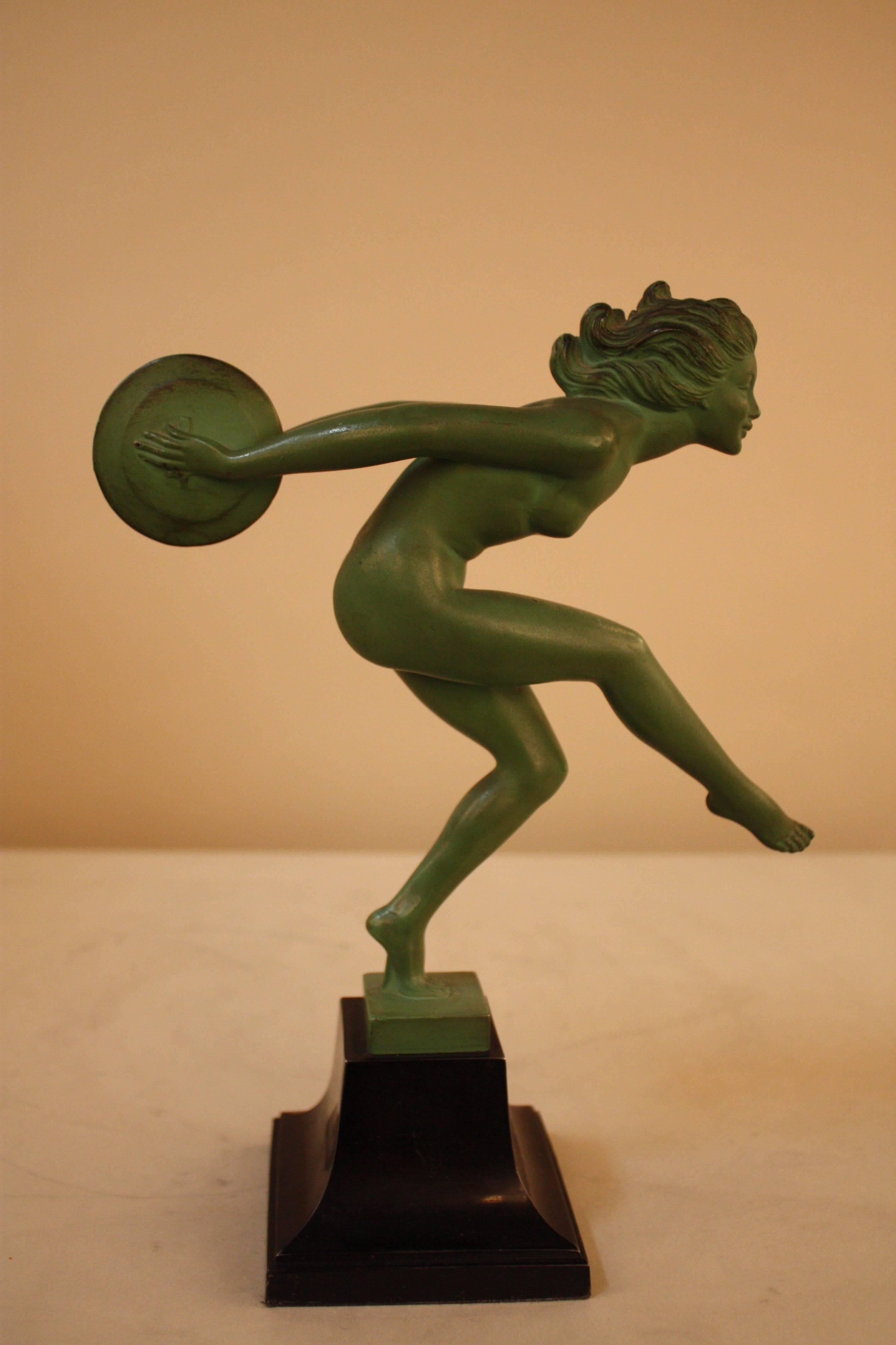 Painted French Art Deco Female Nude Disc Dancer Statue by Garcia