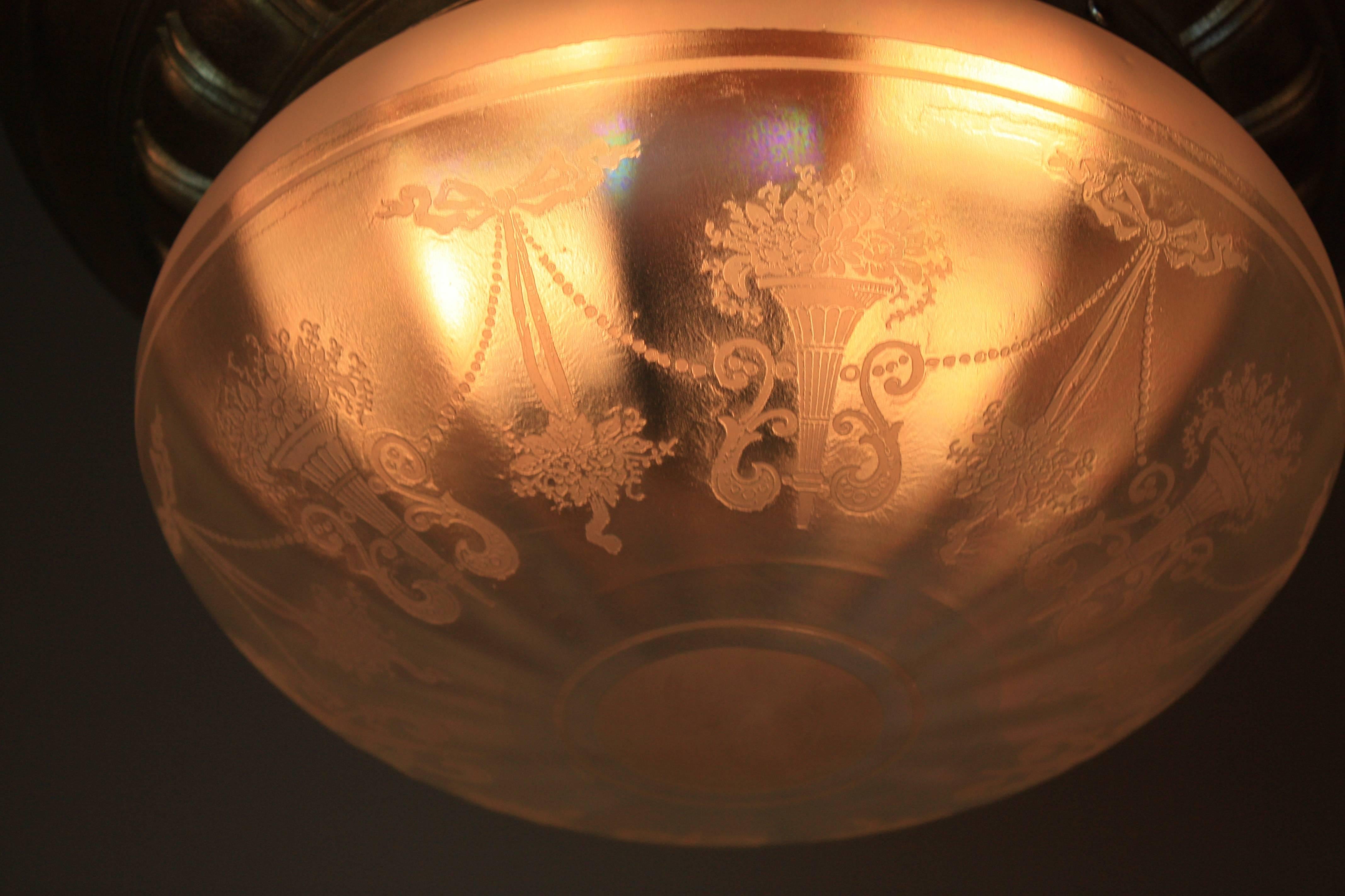 Early 20th Century American Etched Glass Flush Mount Light Fixture