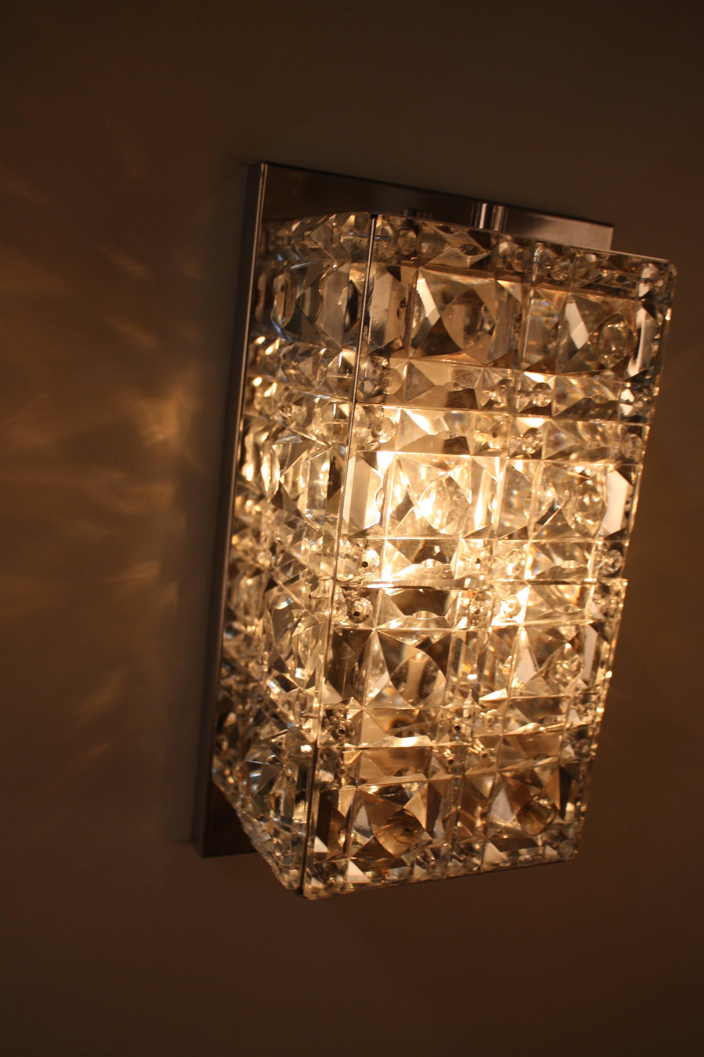 Modern Pair of 1970s Crystal and Chrome Wall Sconces by Kinkeldey
