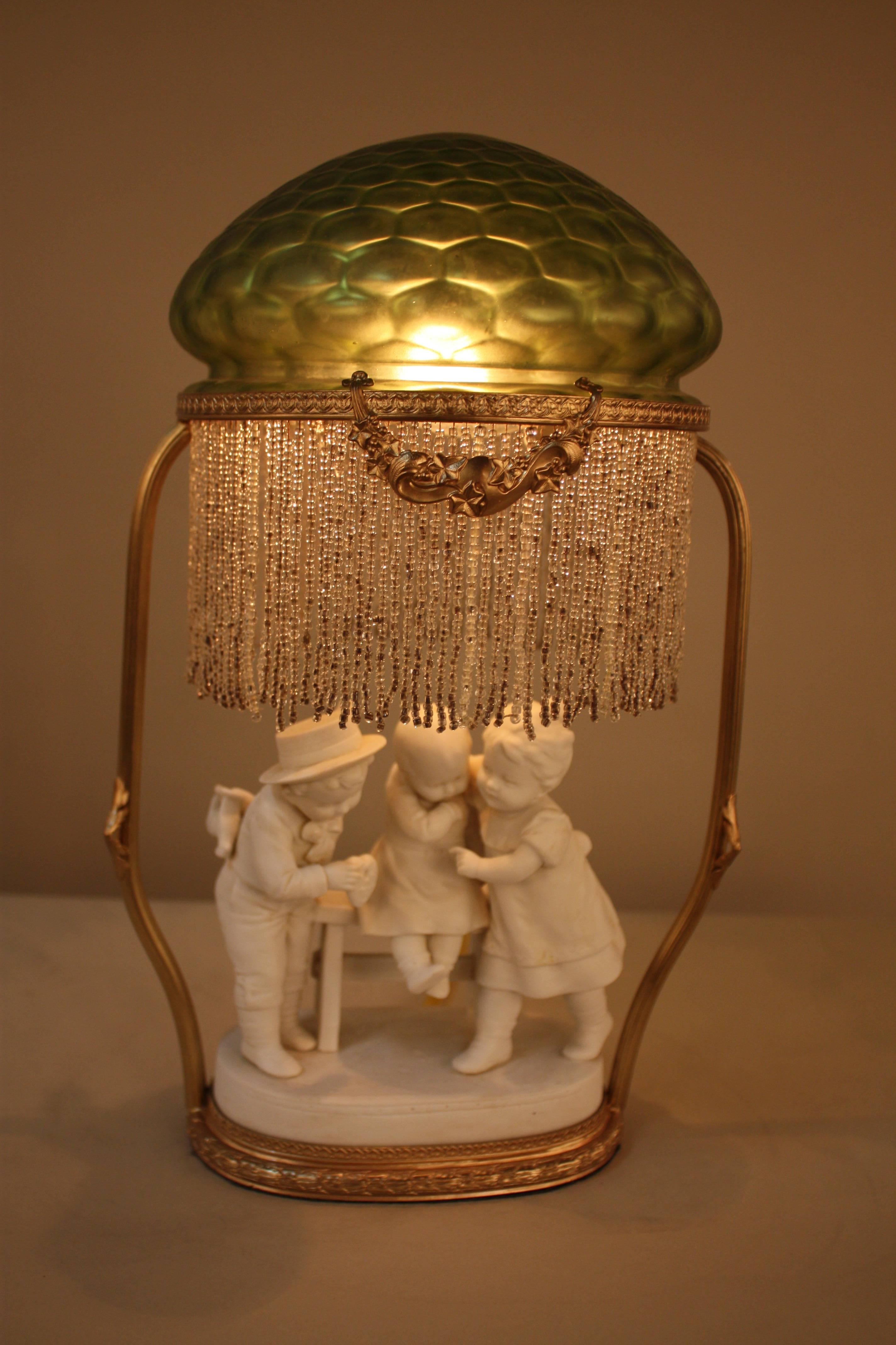 Early 20th Century French 1920s Bisque and Art Glass Table Lamp