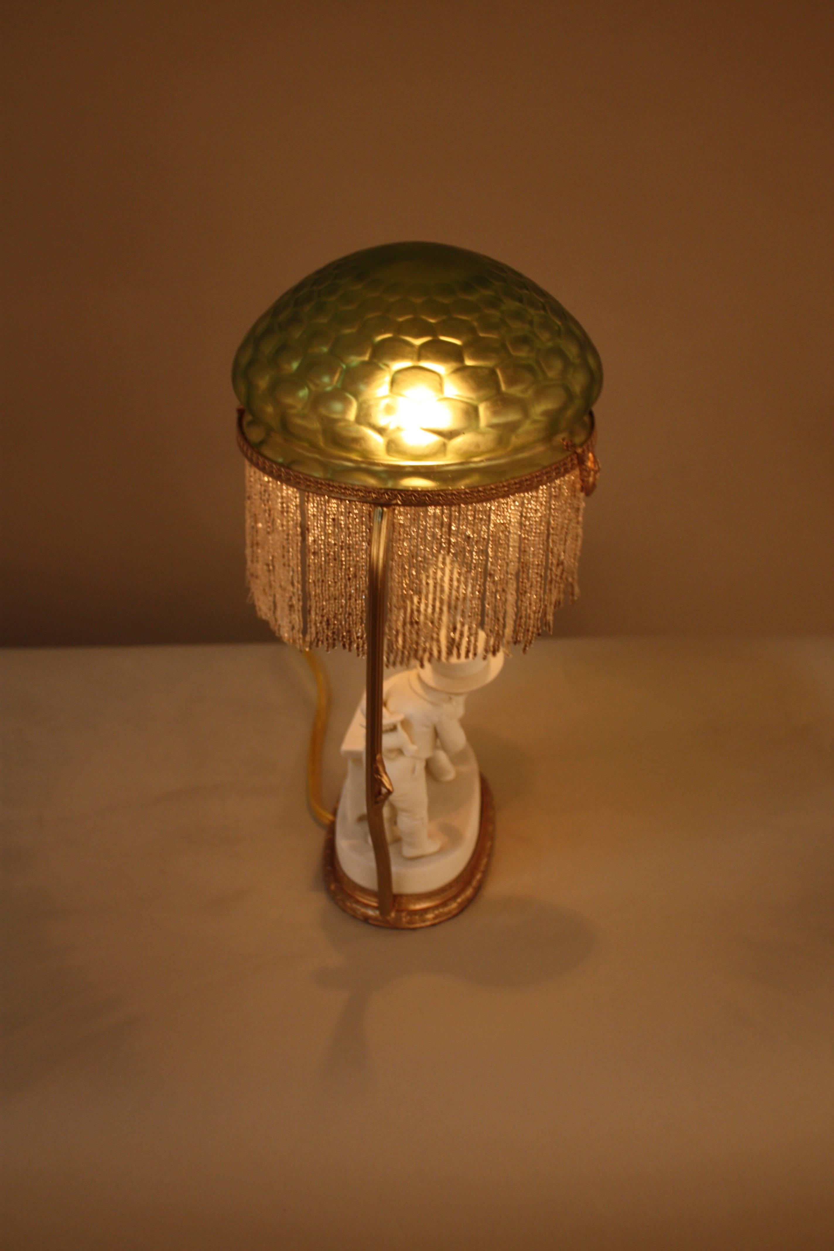 Bronze French 1920s Bisque and Art Glass Table Lamp