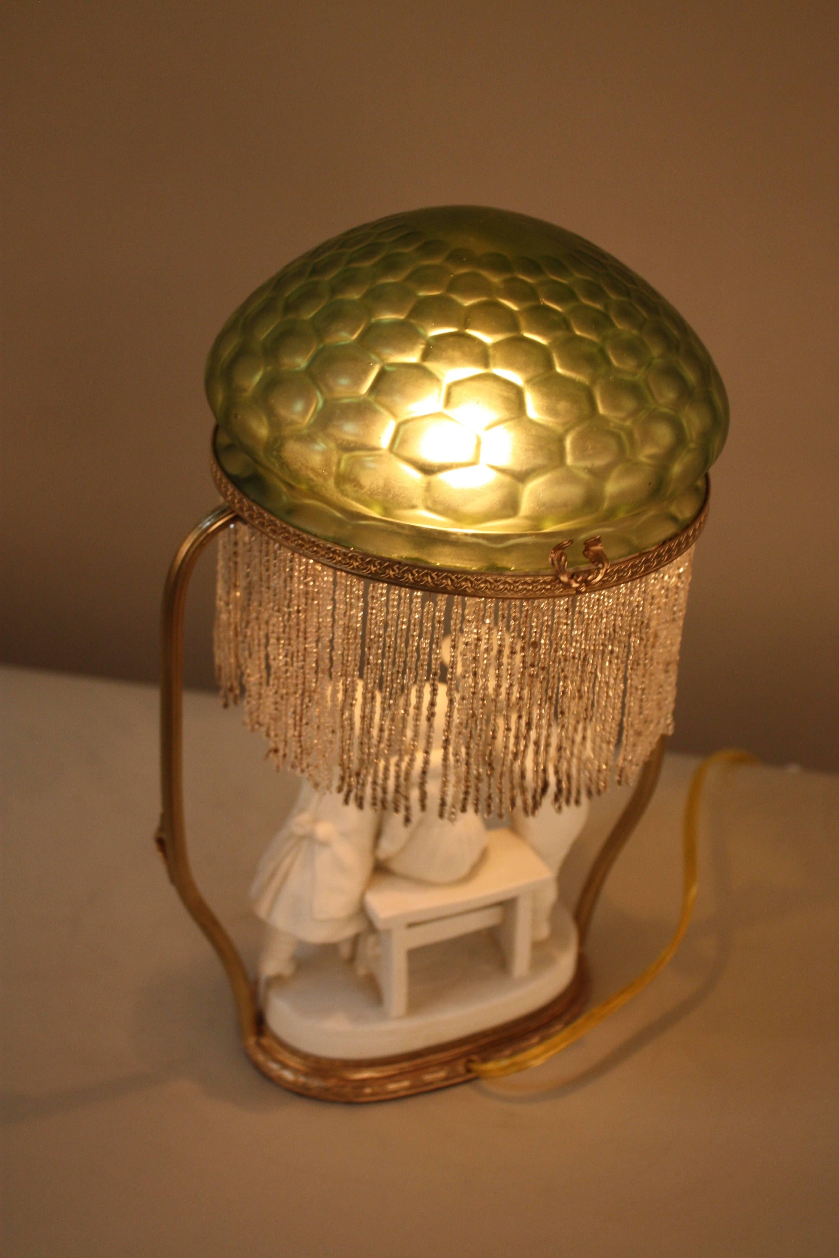 French 1920s Bisque and Art Glass Table Lamp 2