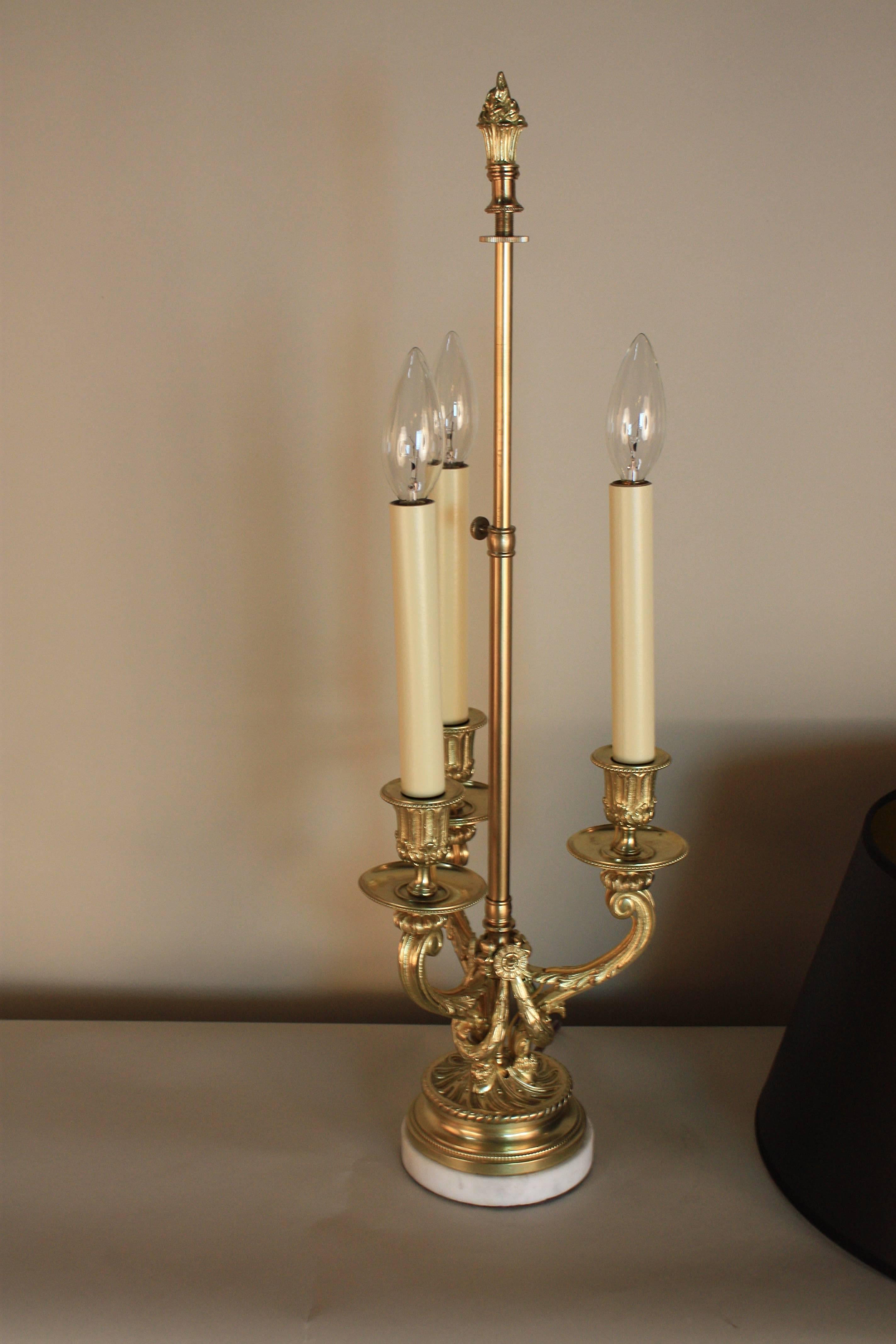 Very fine French bronze candelabra, electrified to a table lamp with withe marble base and hardback black lampshade.