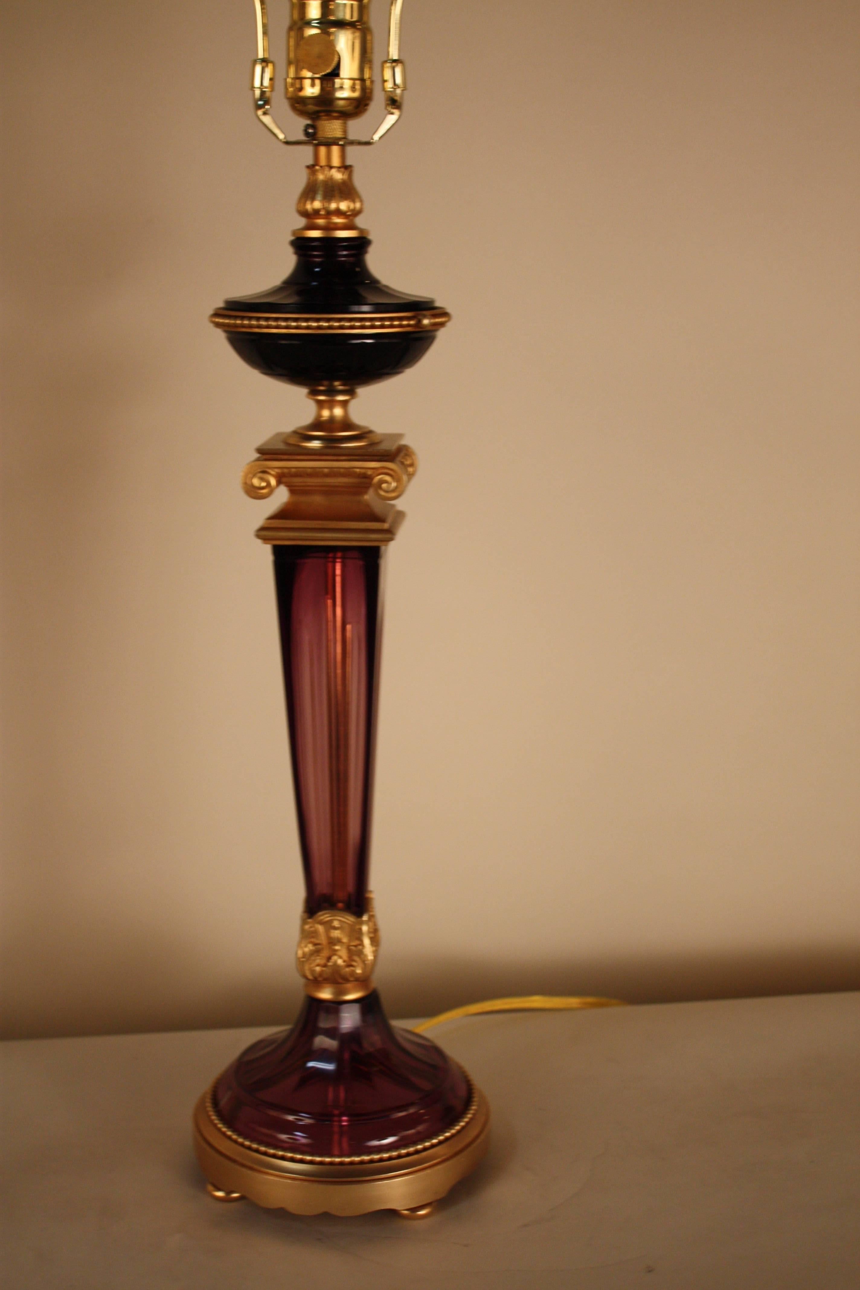 A fantastic 1930s Empire style table purple crystal and bronze doré table lamp.