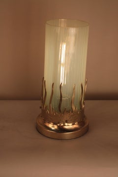 French 1920s Opalescent Glass and Bronze Flame Table Lamp