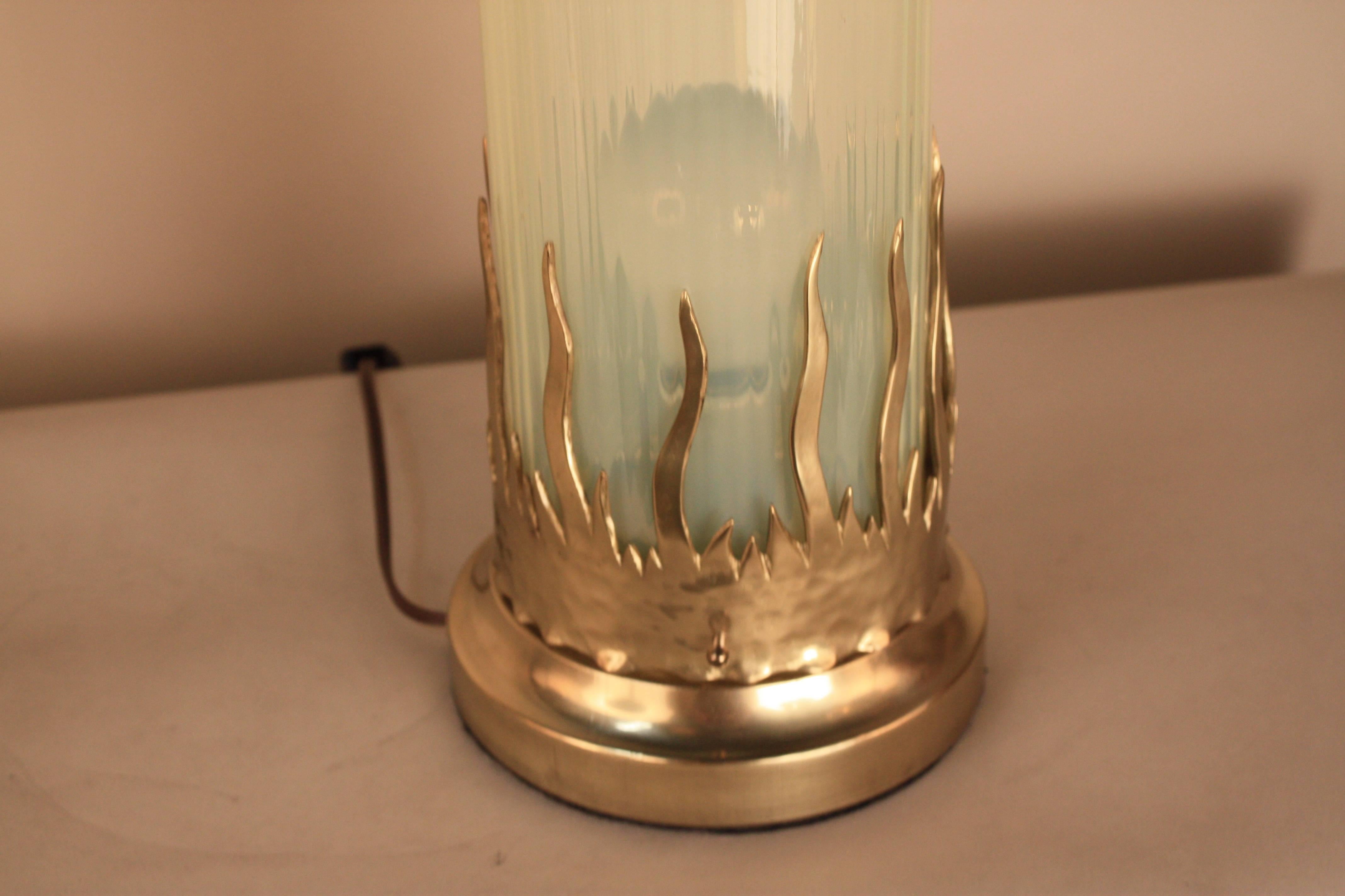 French 1920s Opalescent Glass and Bronze Flame Table Lamp 2