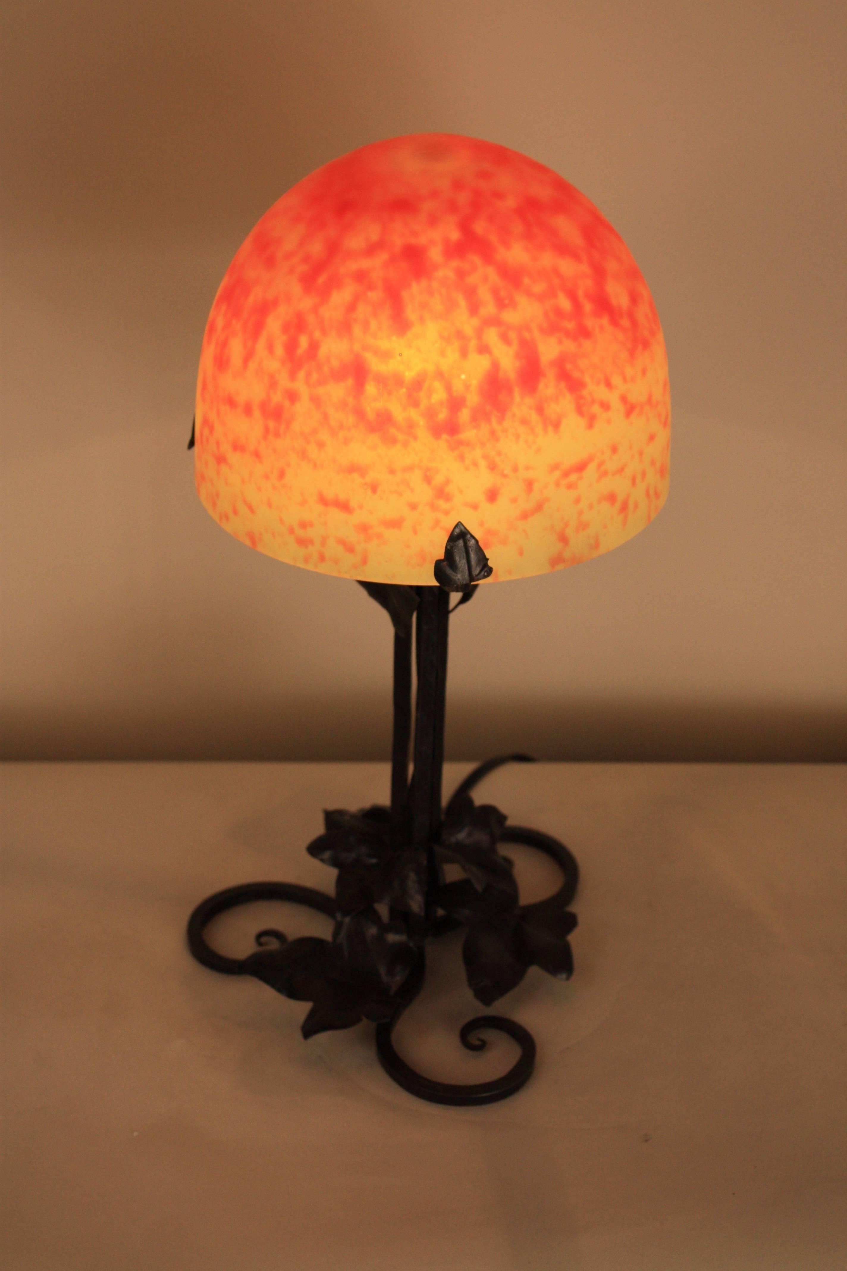 French Art Deco Wrought Iron and Art Glass Table Lamp 3