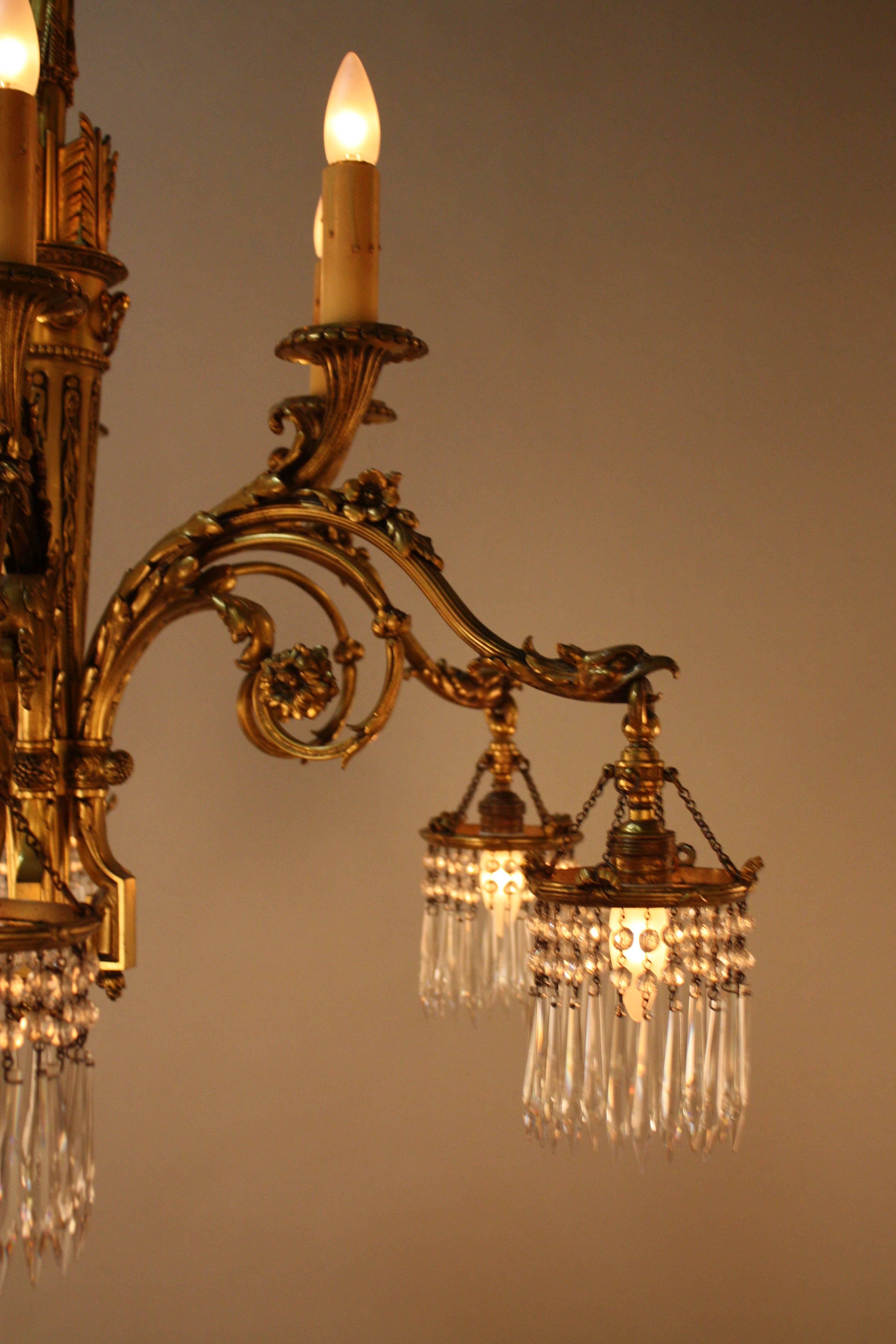 Mid-20th Century French Empire Style Bronze and Crystal Chandelier