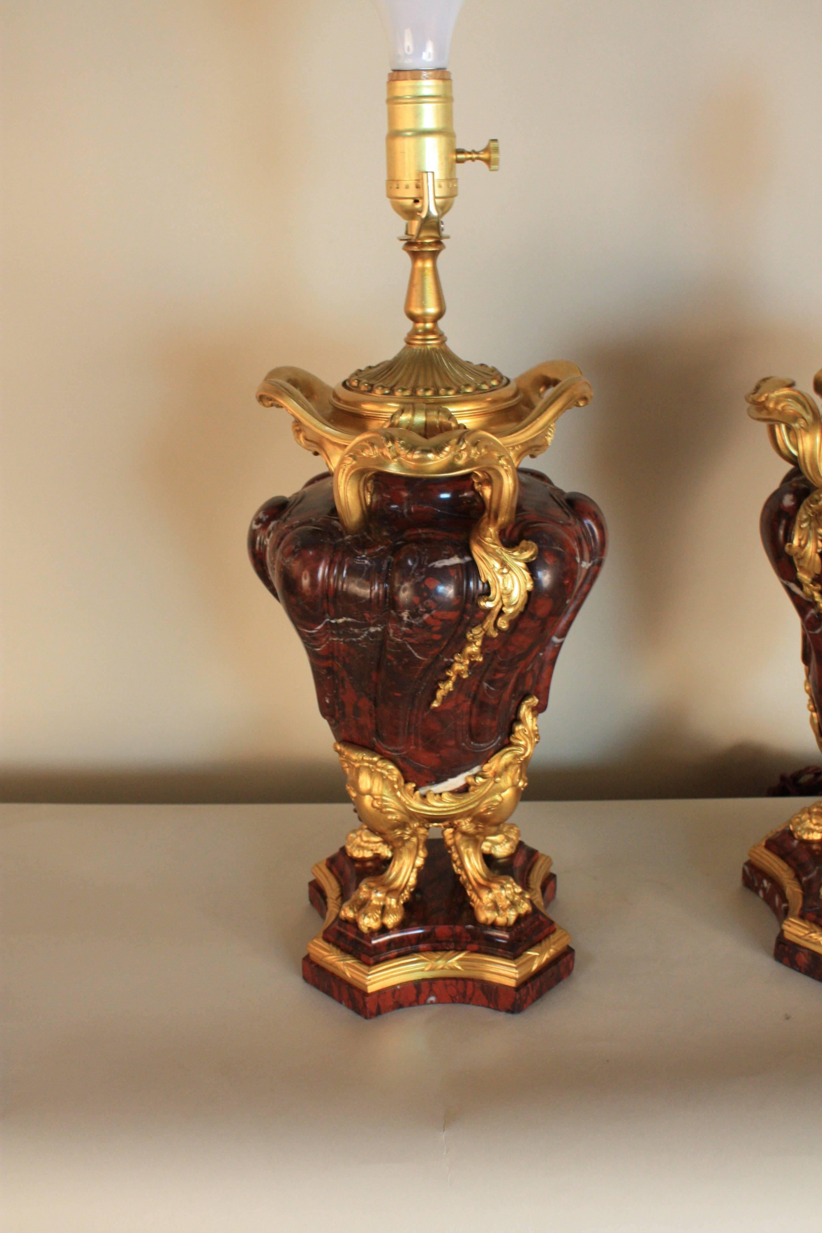 Pair of French Rouge Marble and Gilt Bronze Urn Table Lamps 2