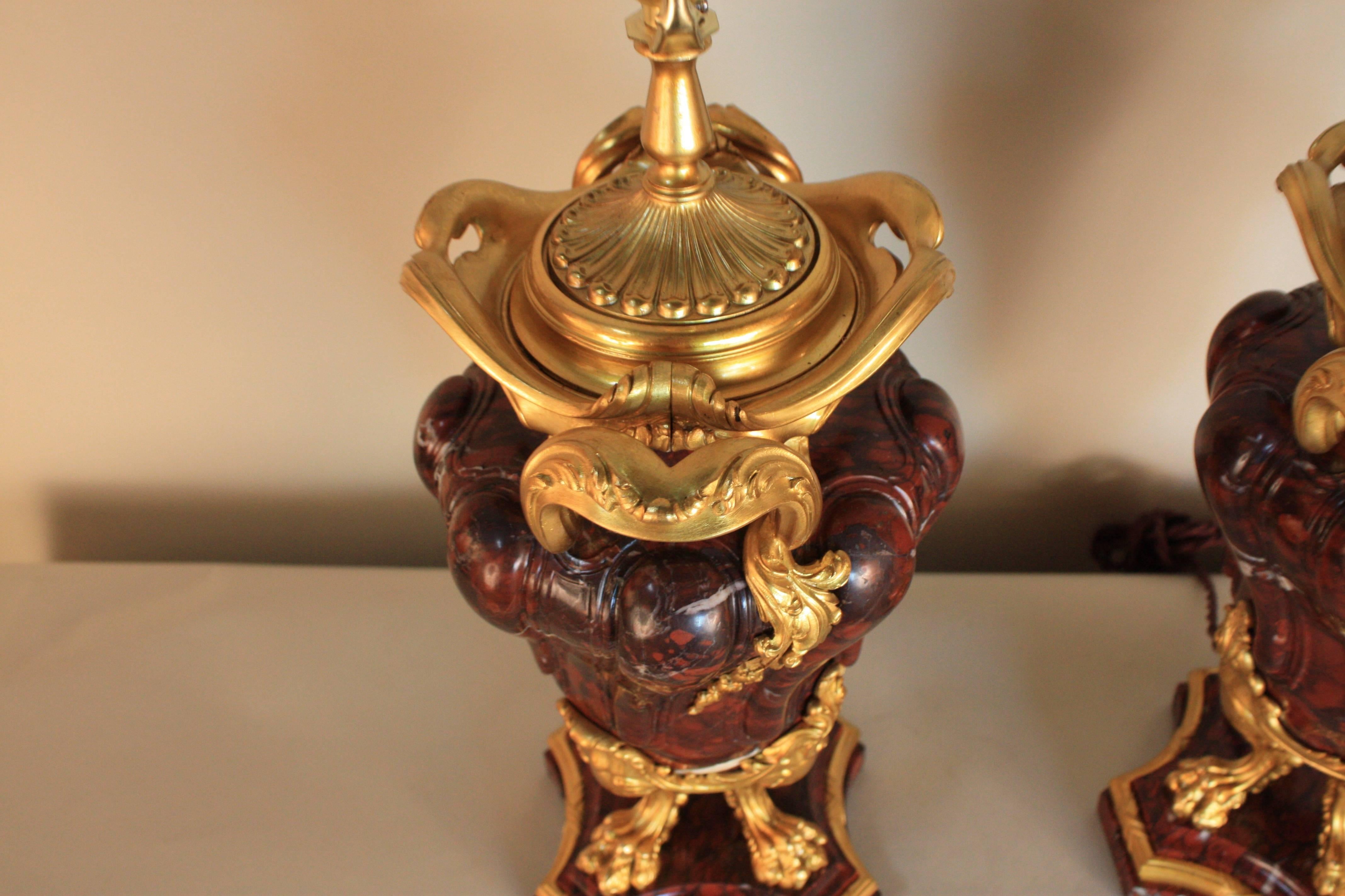 Pair of French Rouge Marble and Gilt Bronze Urn Table Lamps 3