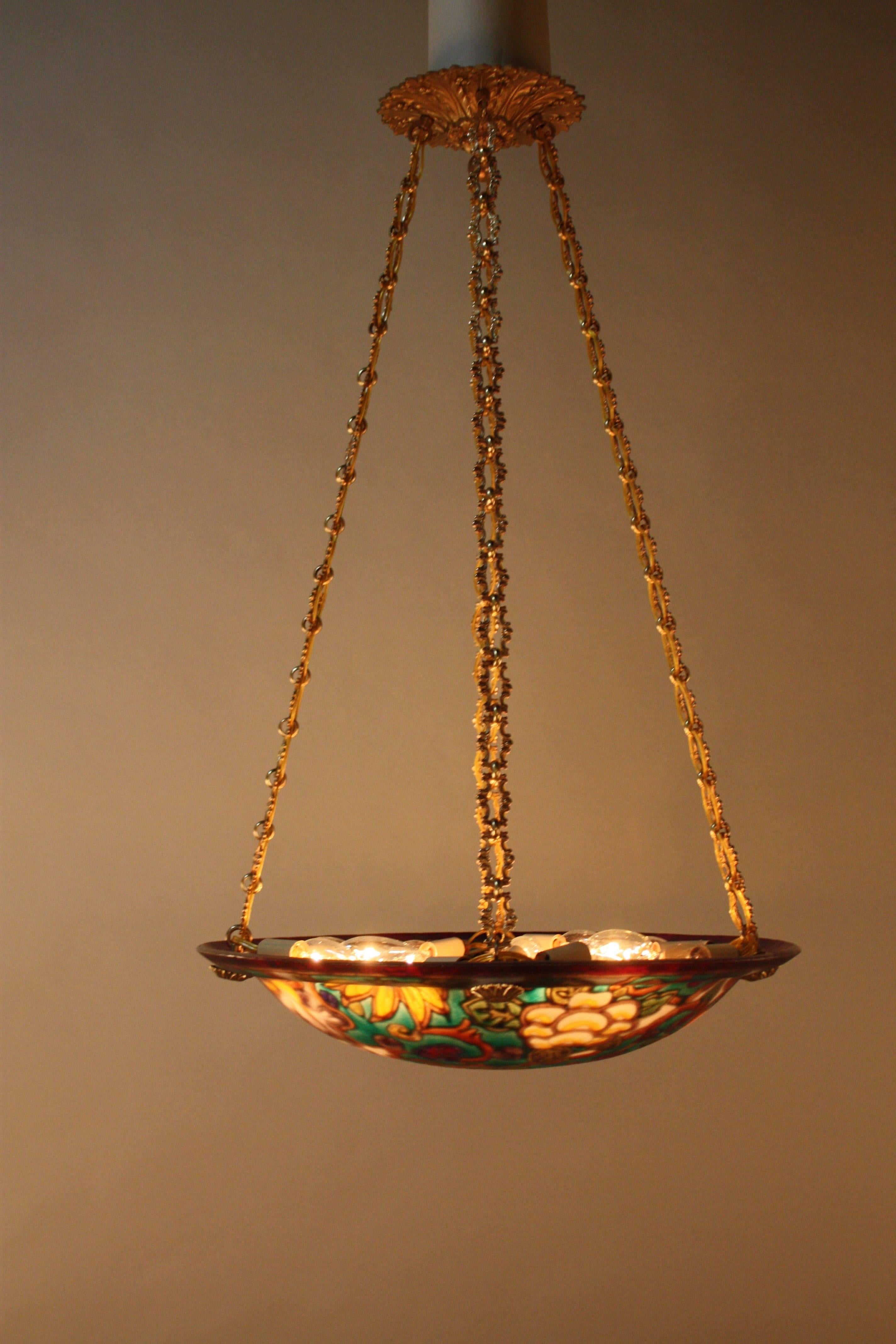 Early 20th Century French Art Glass Hand-Painted Chandelier