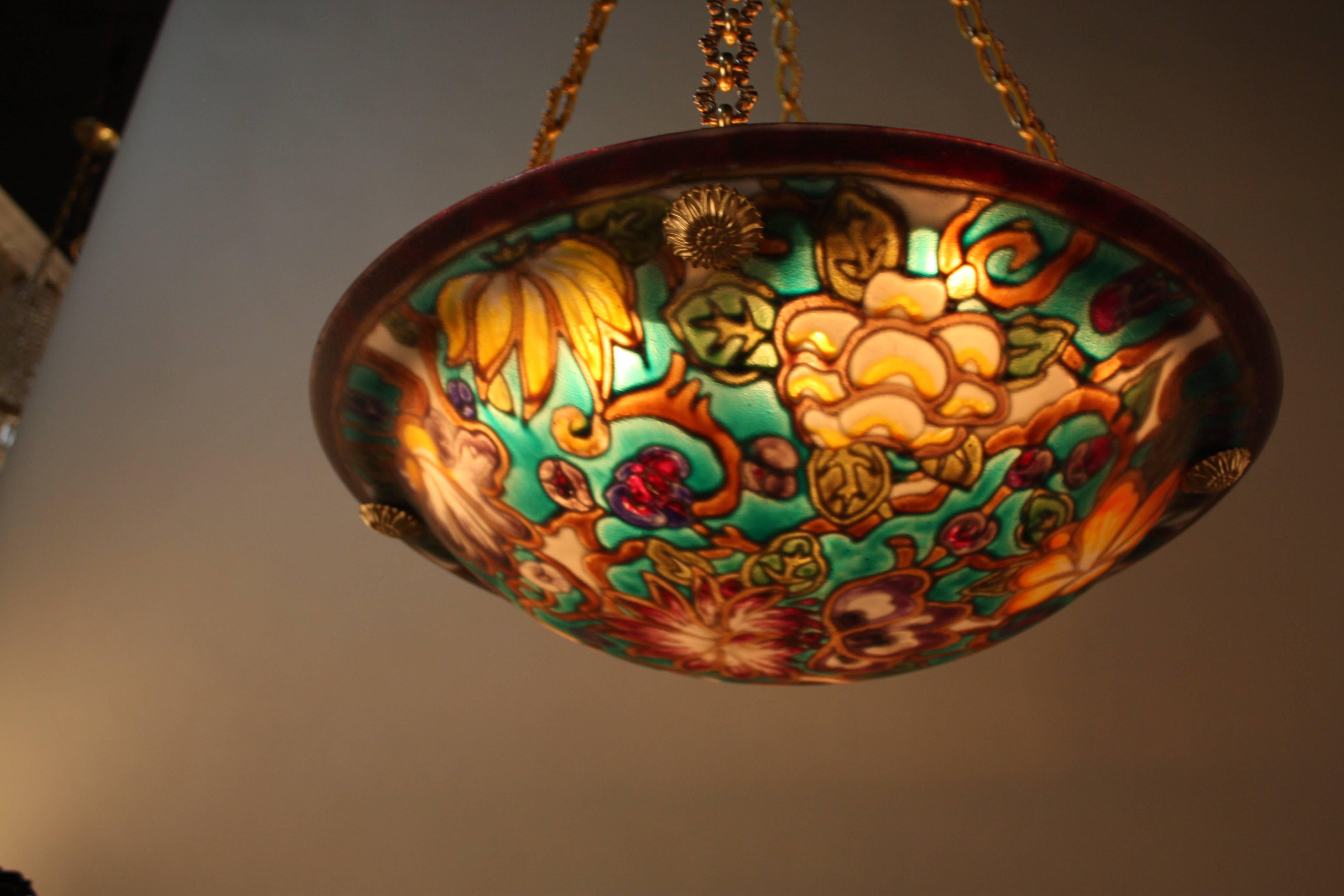 Bronze French Art Glass Hand-Painted Chandelier