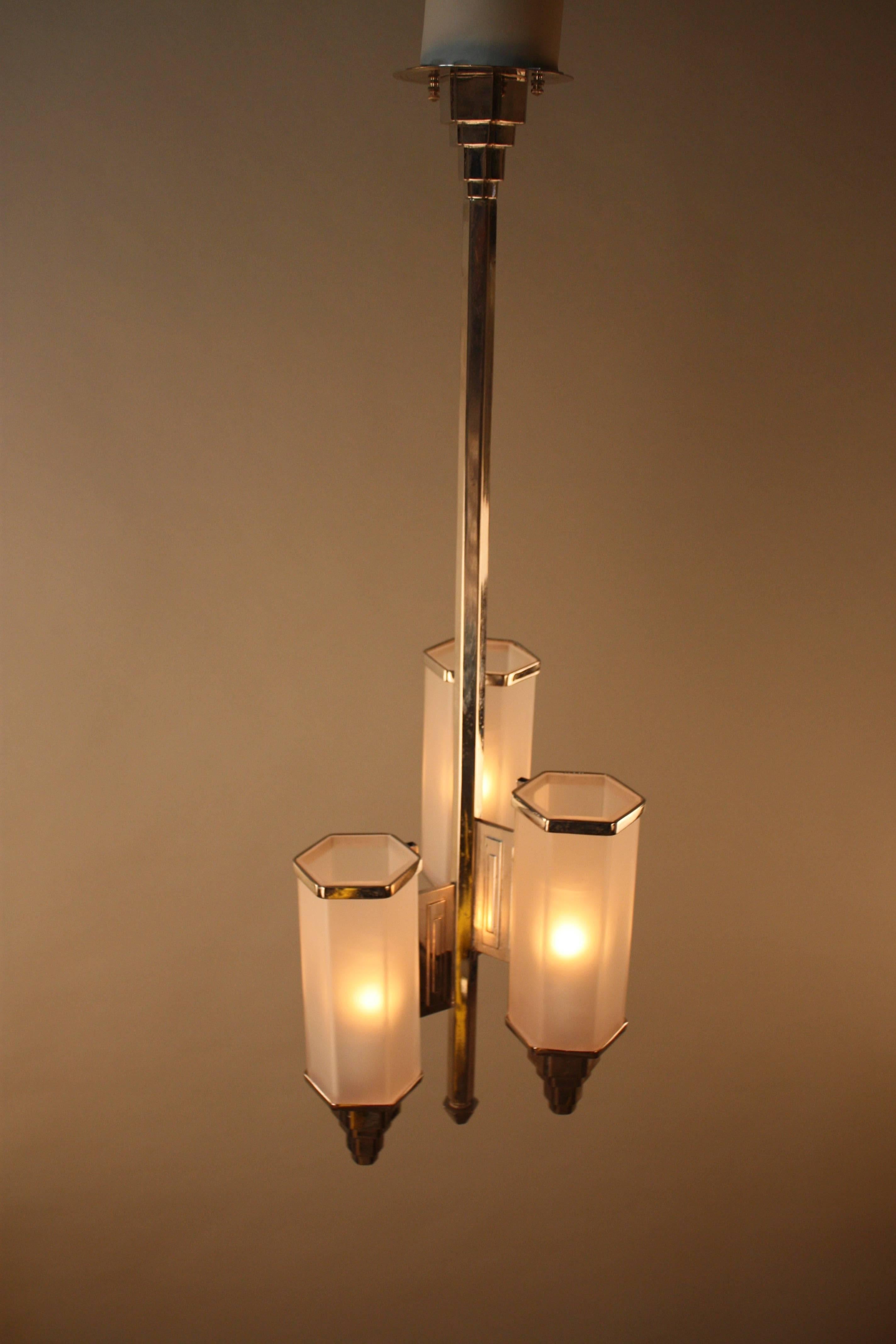 French Art Deco Glass and Nickel Chandelier 4